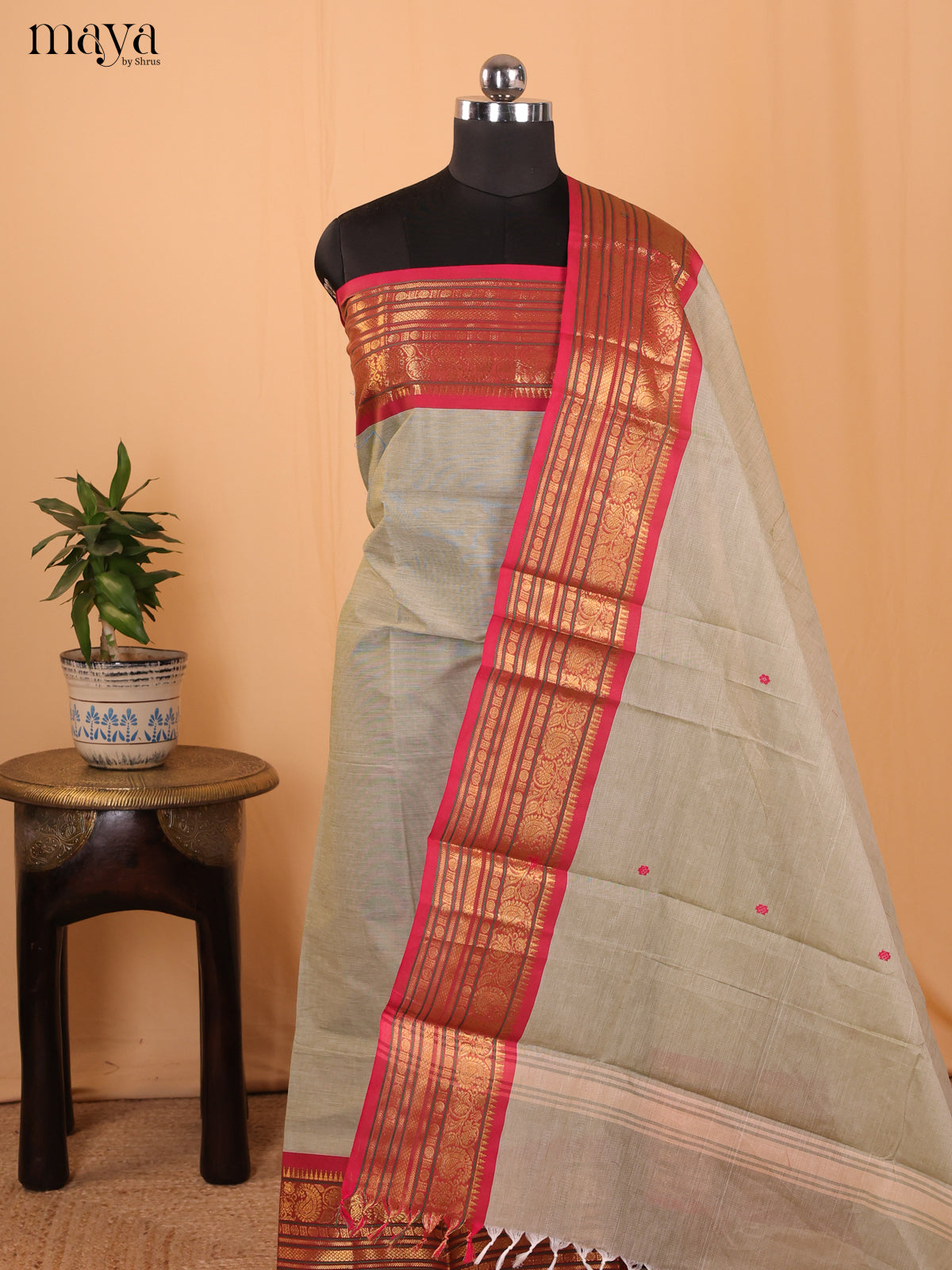 Grey & Red - Chettinad Cotton Unstitched Top & Dupatta- MDA24014