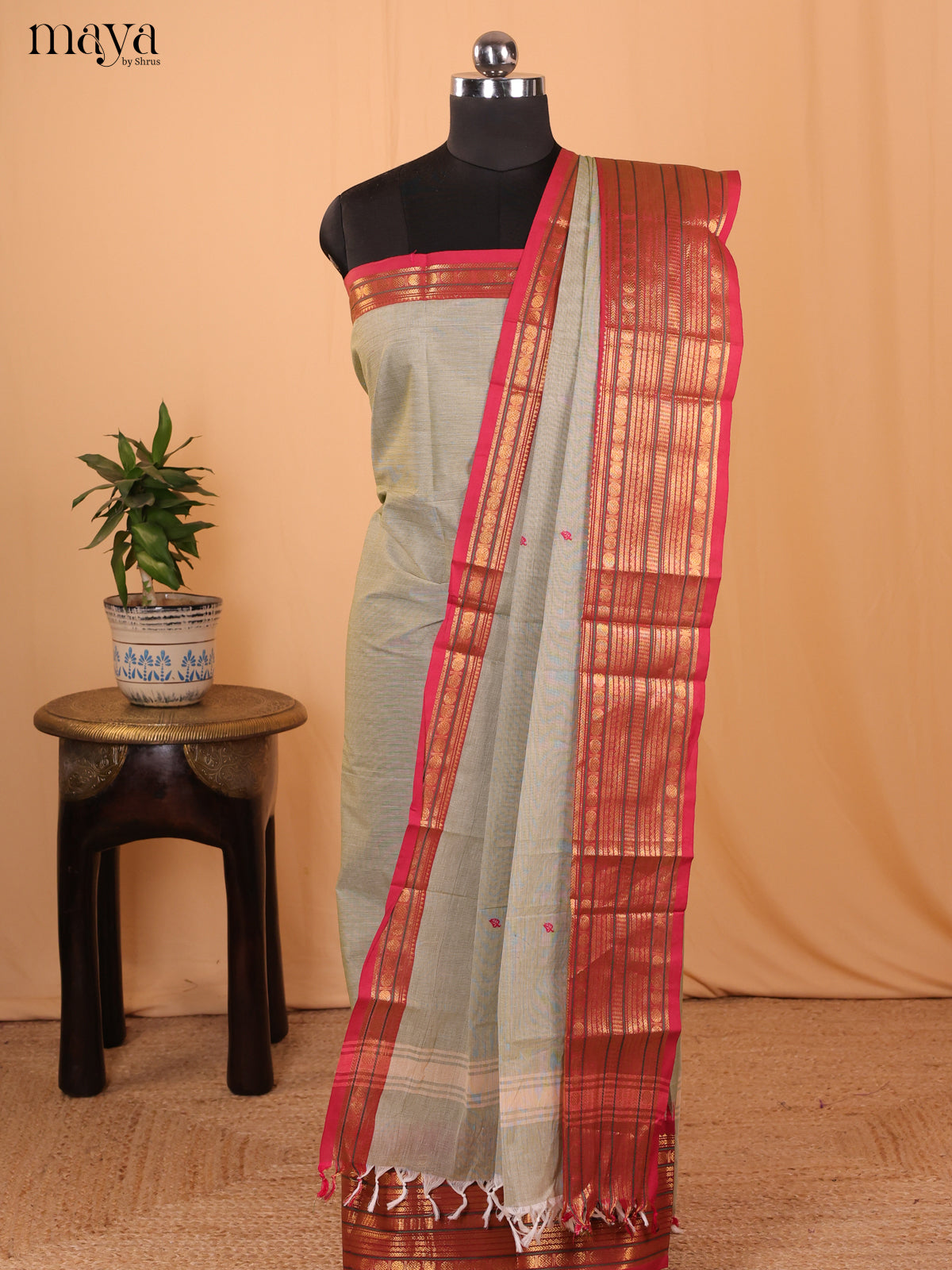 Grey & Red Chettinad Cotton Unstitched Top & Dupatta - MDA24015