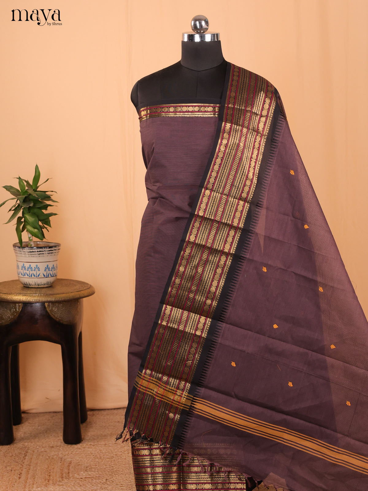 Mauve & Black - Chettinad Cotton Unstitched Top & Dupatta - MDA24018