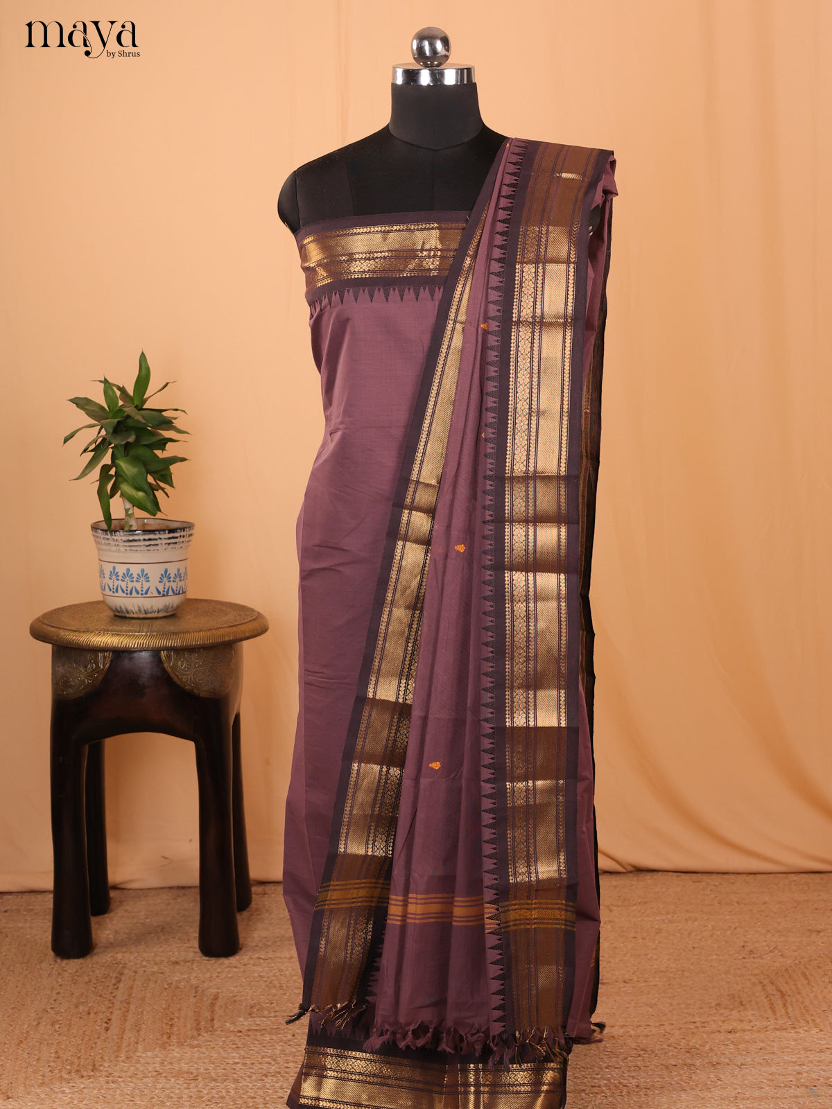 Mauve & Black - Chettinad Cotton Unstitched Top & Dupatta - MDA24022