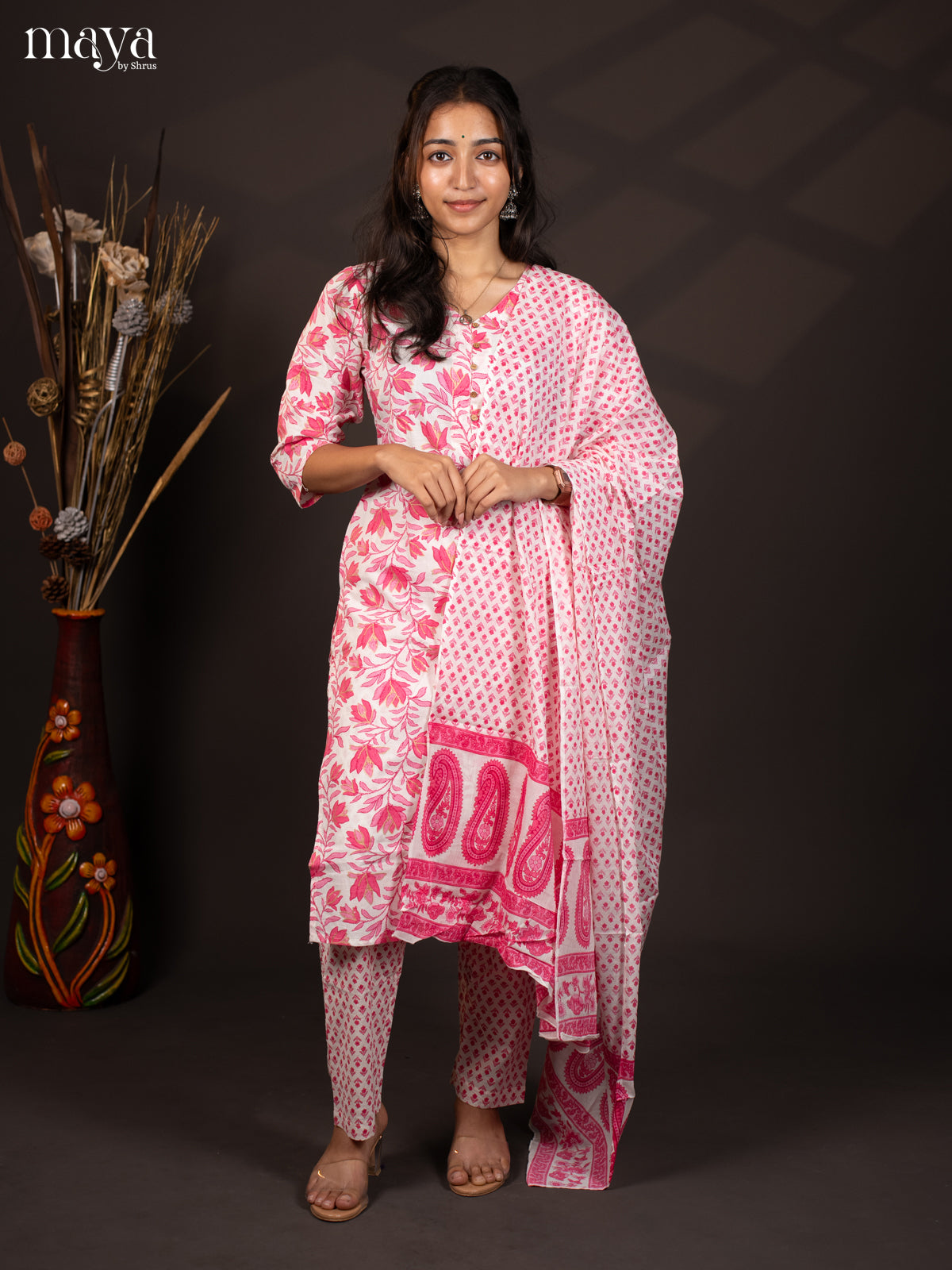 White with Pink Cotton 3Pc Salwar with Floral Print - Top, Bottom & Dupatta