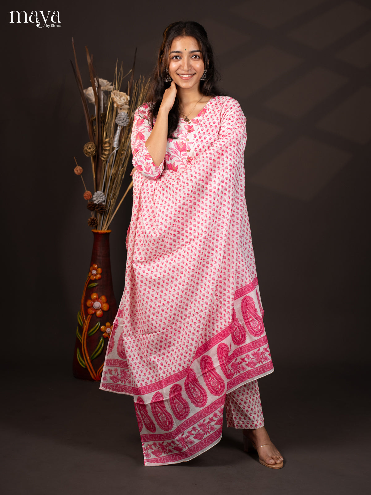 White with Pink Cotton 3Pc Salwar with Floral Print - Top, Bottom & Dupatta