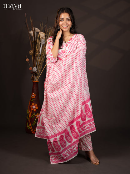 White with Pink Cotton 3Pc Salwar with Floral Print - Top, Bottom & Dupatta