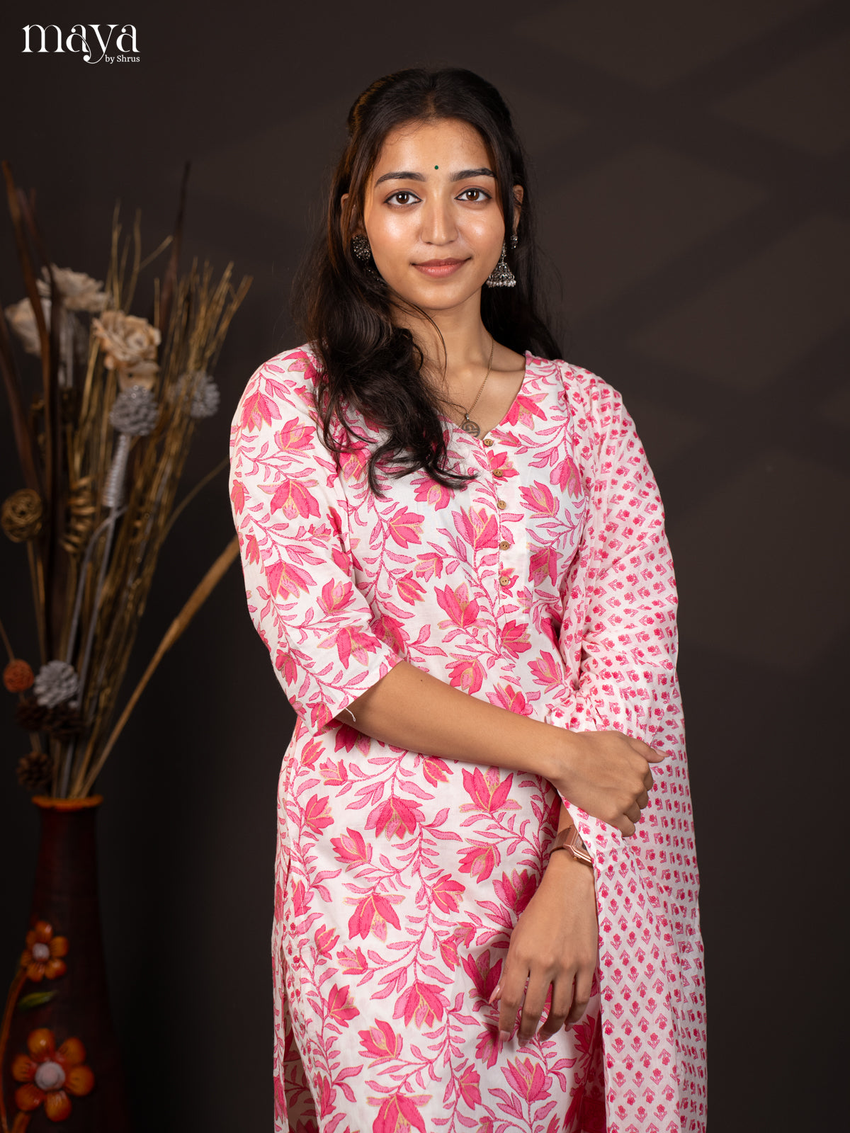 White with Pink Cotton 3Pc Salwar with Floral Print - Top, Bottom & Dupatta
