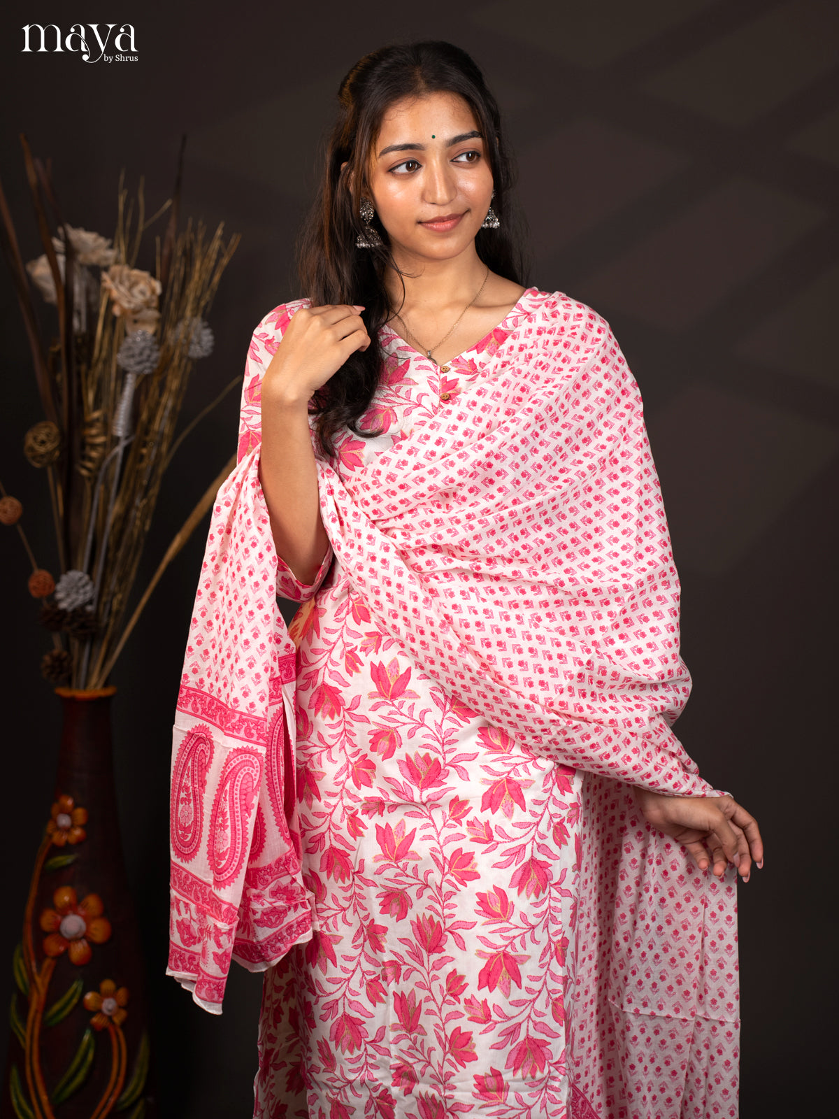 White with Pink Cotton 3Pc Salwar with Floral Print - Top, Bottom & Dupatta