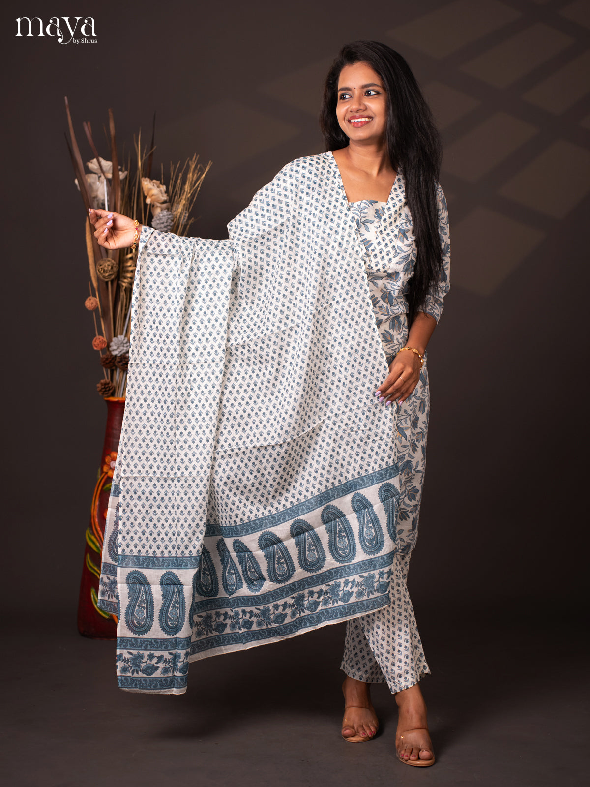 White Cotton 3Pc Salwar with Floral Print - Top, Bottom & Dupatta