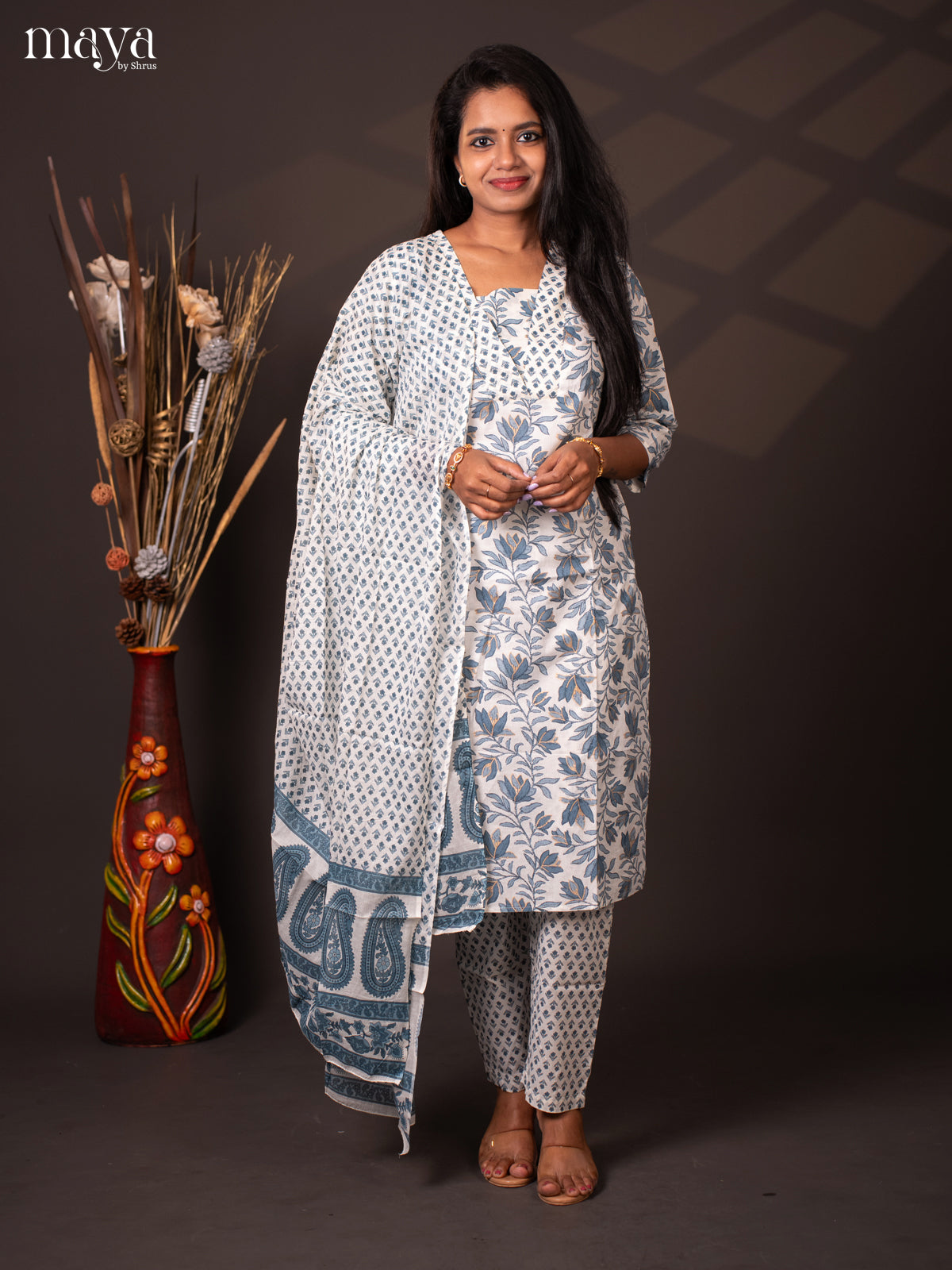 White Cotton 3Pc Salwar with Floral Print - Top, Bottom & Dupatta