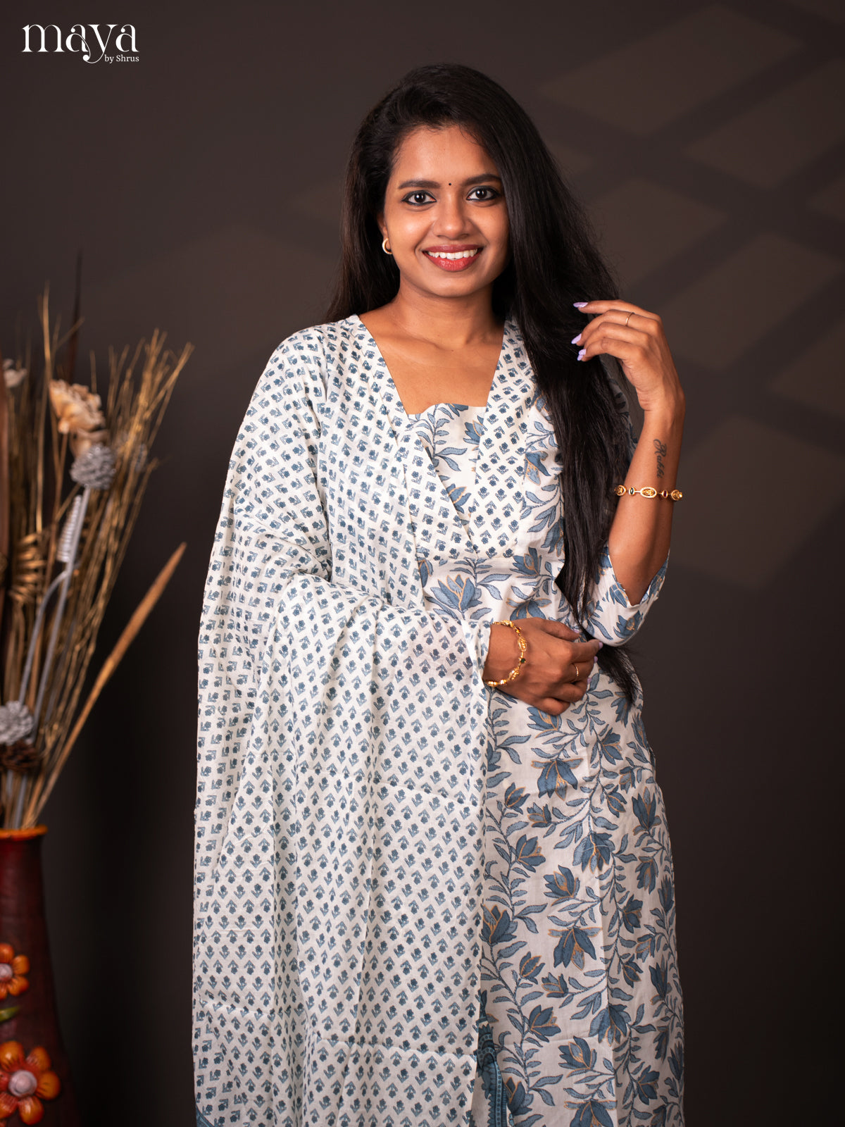 White Cotton 3Pc Salwar with Floral Print - Top, Bottom & Dupatta
