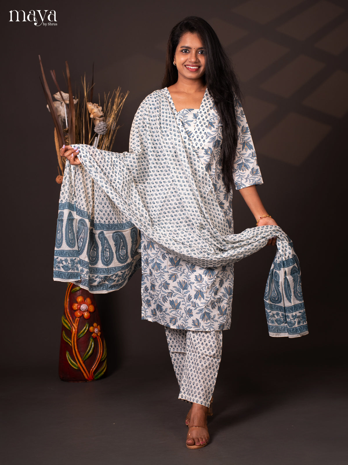 White Cotton 3Pc Salwar with Floral Print - Top, Bottom & Dupatta