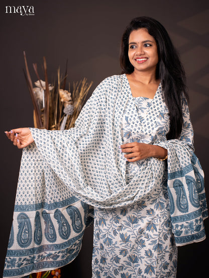 White Cotton 3Pc Salwar with Floral Print - Top, Bottom & Dupatta