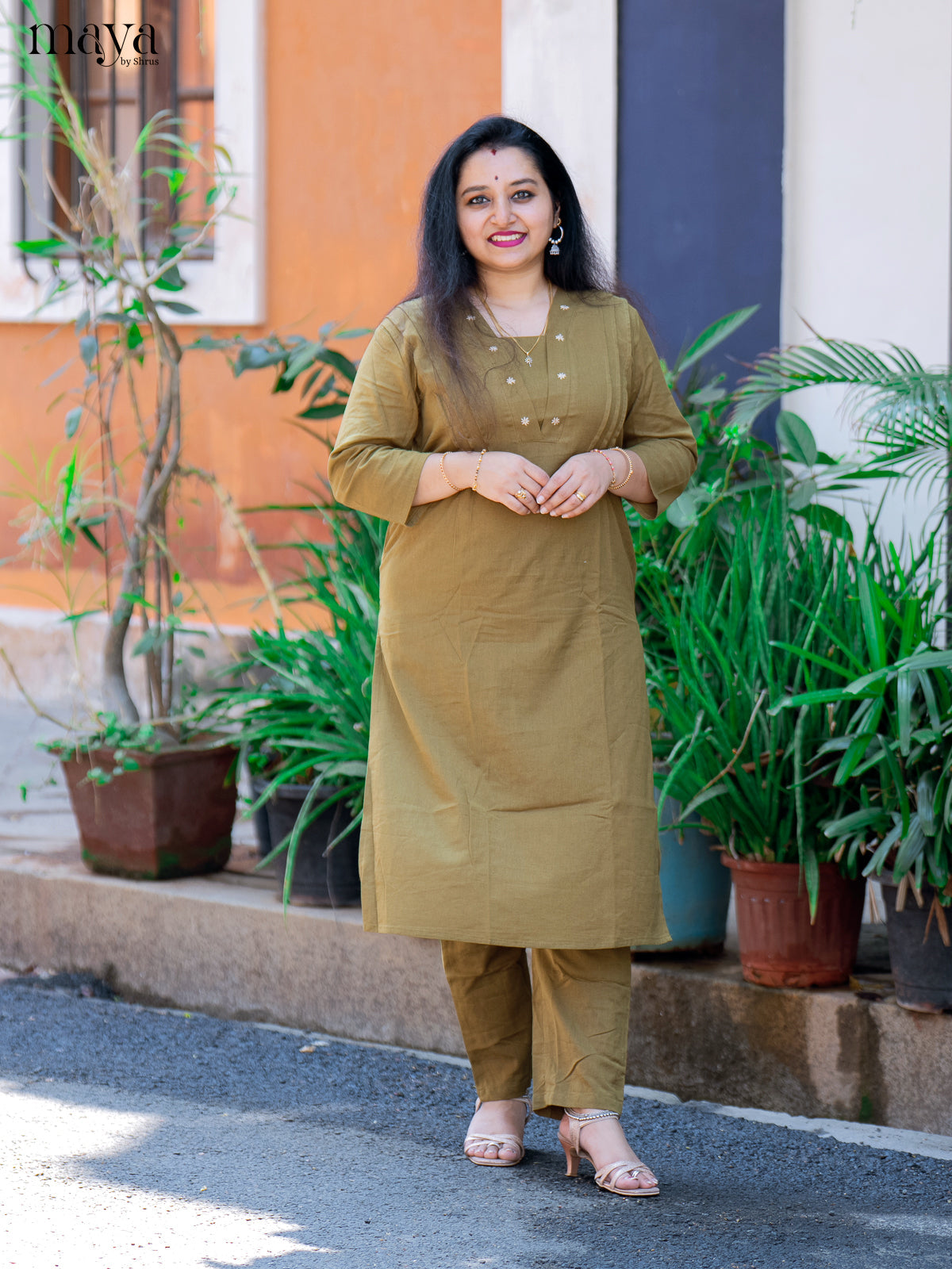 Green Cotton 2Pc Solid Salwar Suit - Top & Bottom