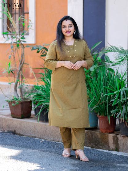 Green Cotton 2Pc Solid Salwar Suit - Top & Bottom