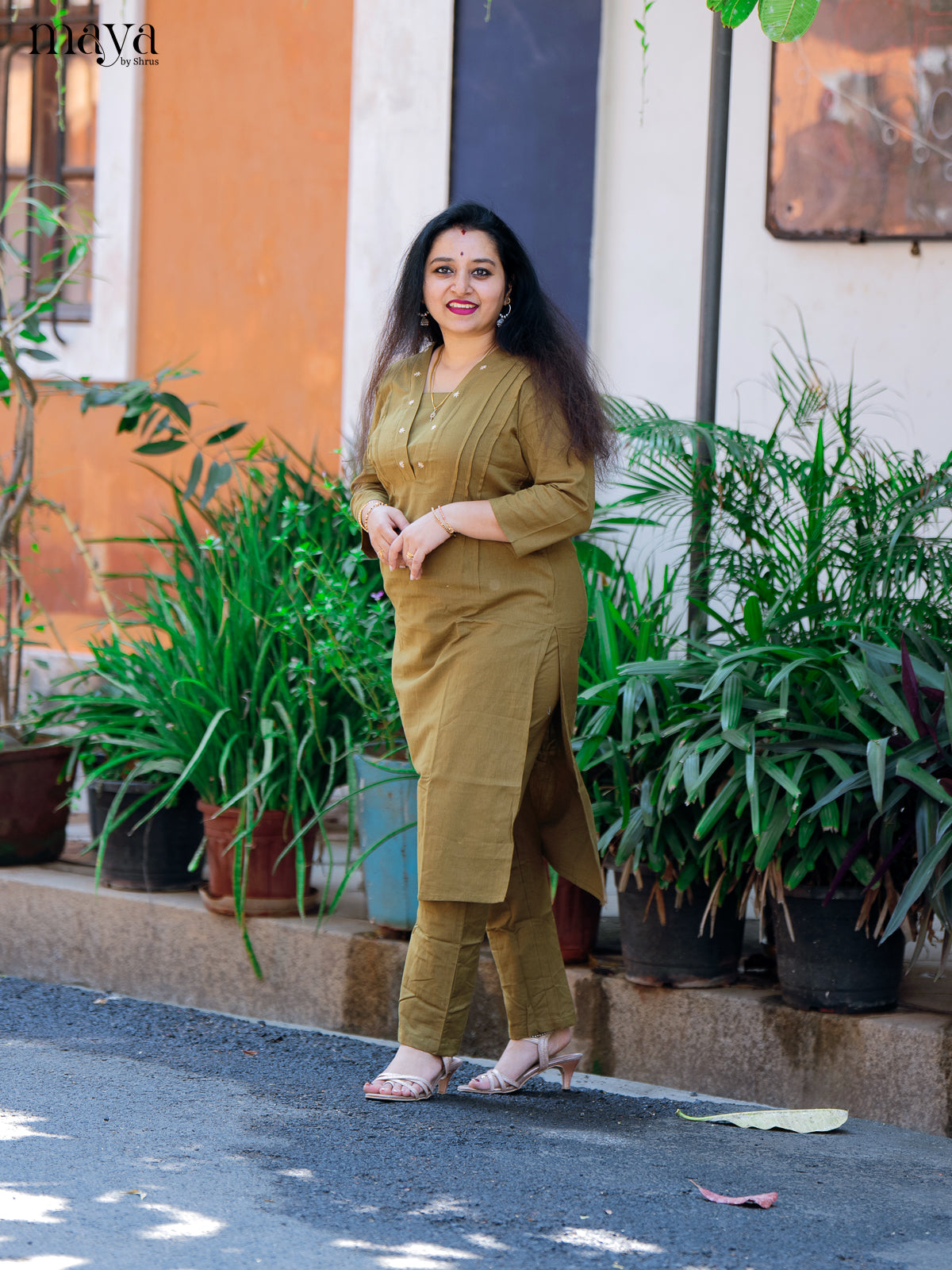 Green Cotton 2Pc Solid Salwar Suit - Top & Bottom