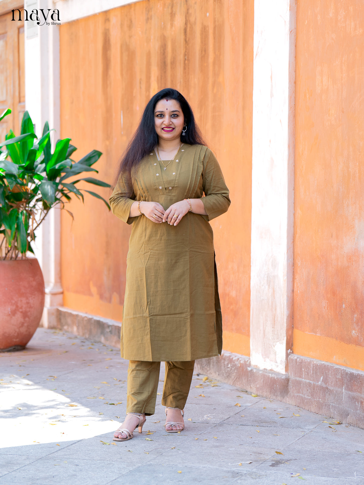 Green Cotton 2Pc Solid Salwar Suit - Top & Bottom
