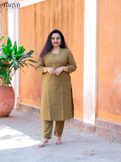 Green Cotton 2Pc Solid Salwar Suit - Top & Bottom