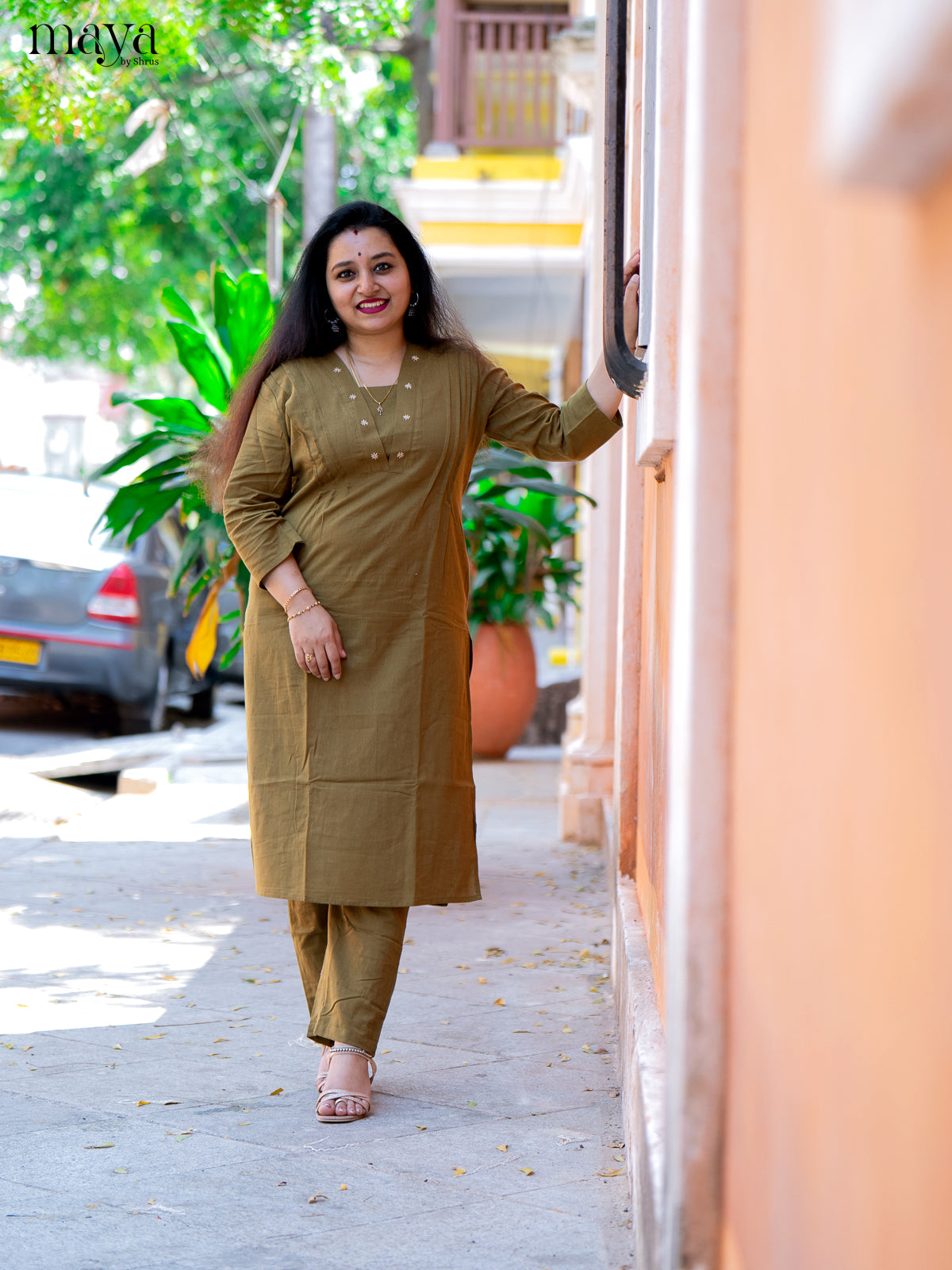 Green Cotton 2Pc Solid Salwar Suit - Top & Bottom