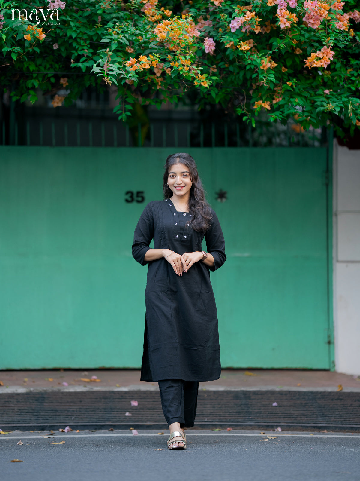 Black Cotton 2Pc Solid Salwar Suit - Top & Bottom