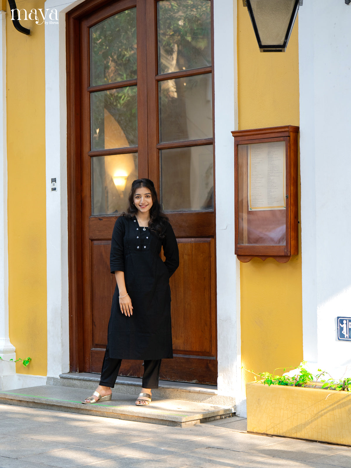 Black Cotton 2Pc Solid Salwar Suit - Top & Bottom