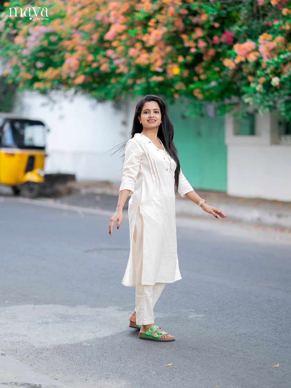 Cream Cotton 2Pc Solid Salwar Suit - Top & Bottom
