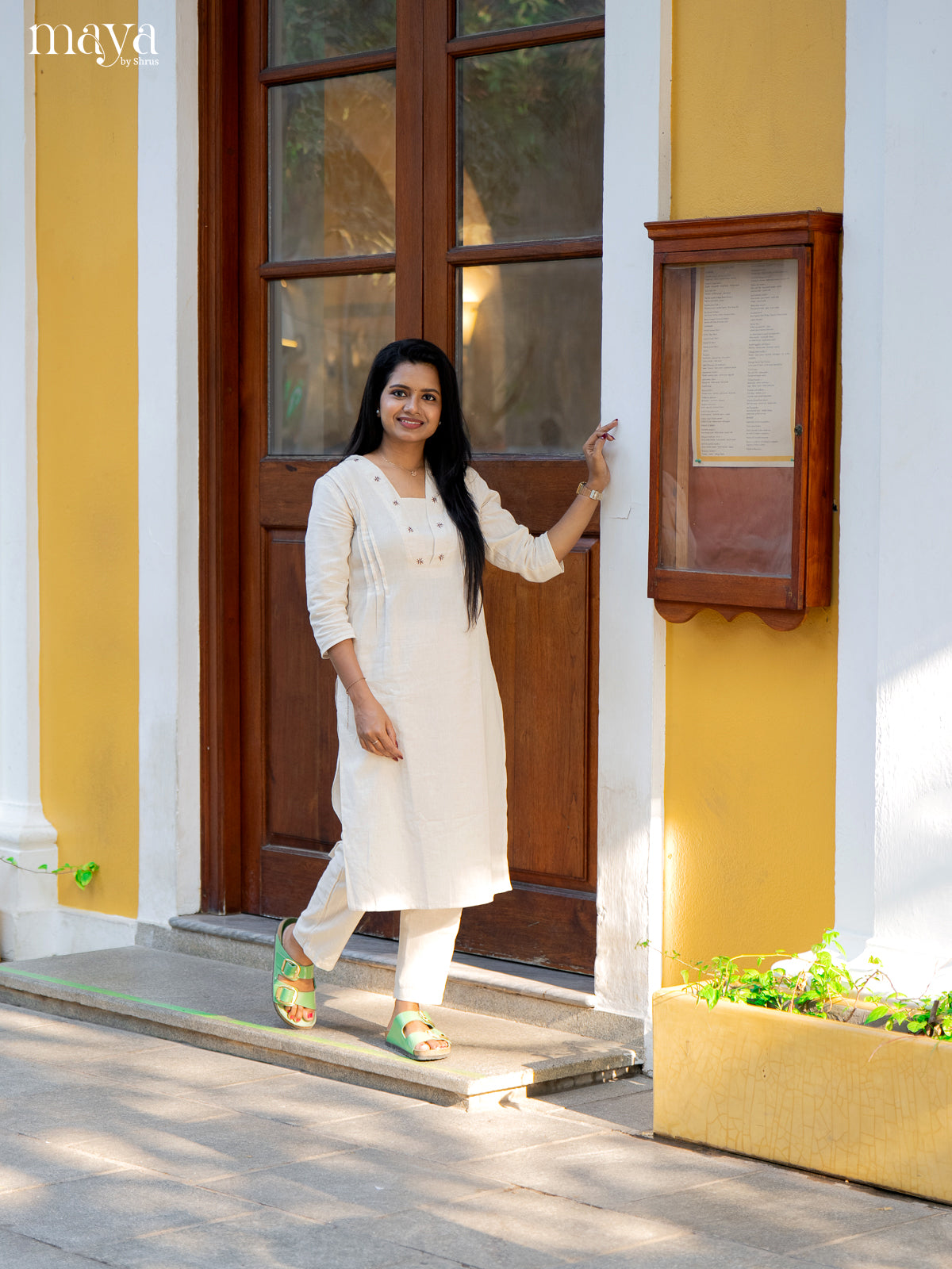 Cream Cotton 2Pc Solid Salwar Suit - Top & Bottom