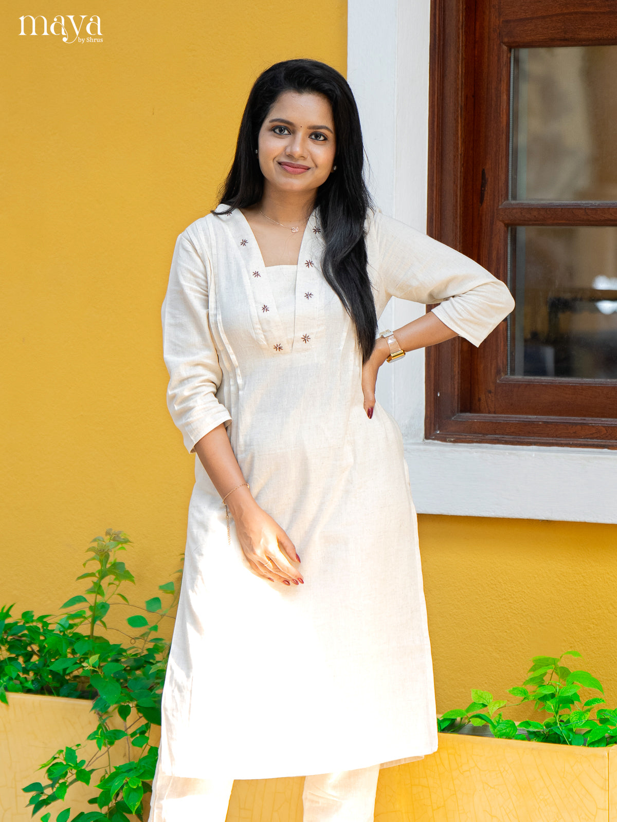Cream Cotton 2Pc Solid Salwar Suit - Top & Bottom