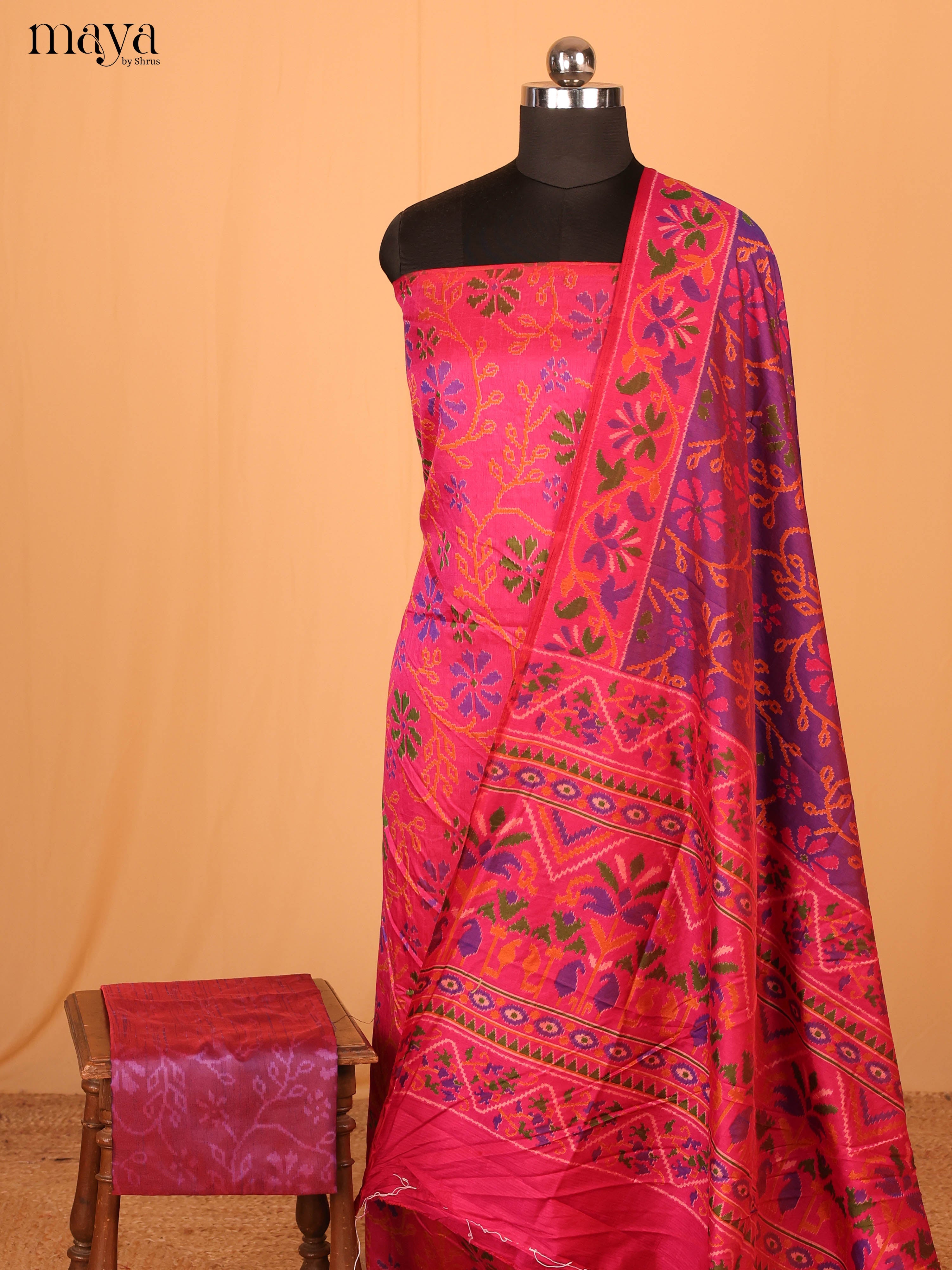 Pink & Purple Semi Patola Unstitched Top, Bottom & Dupatta -MDB04001