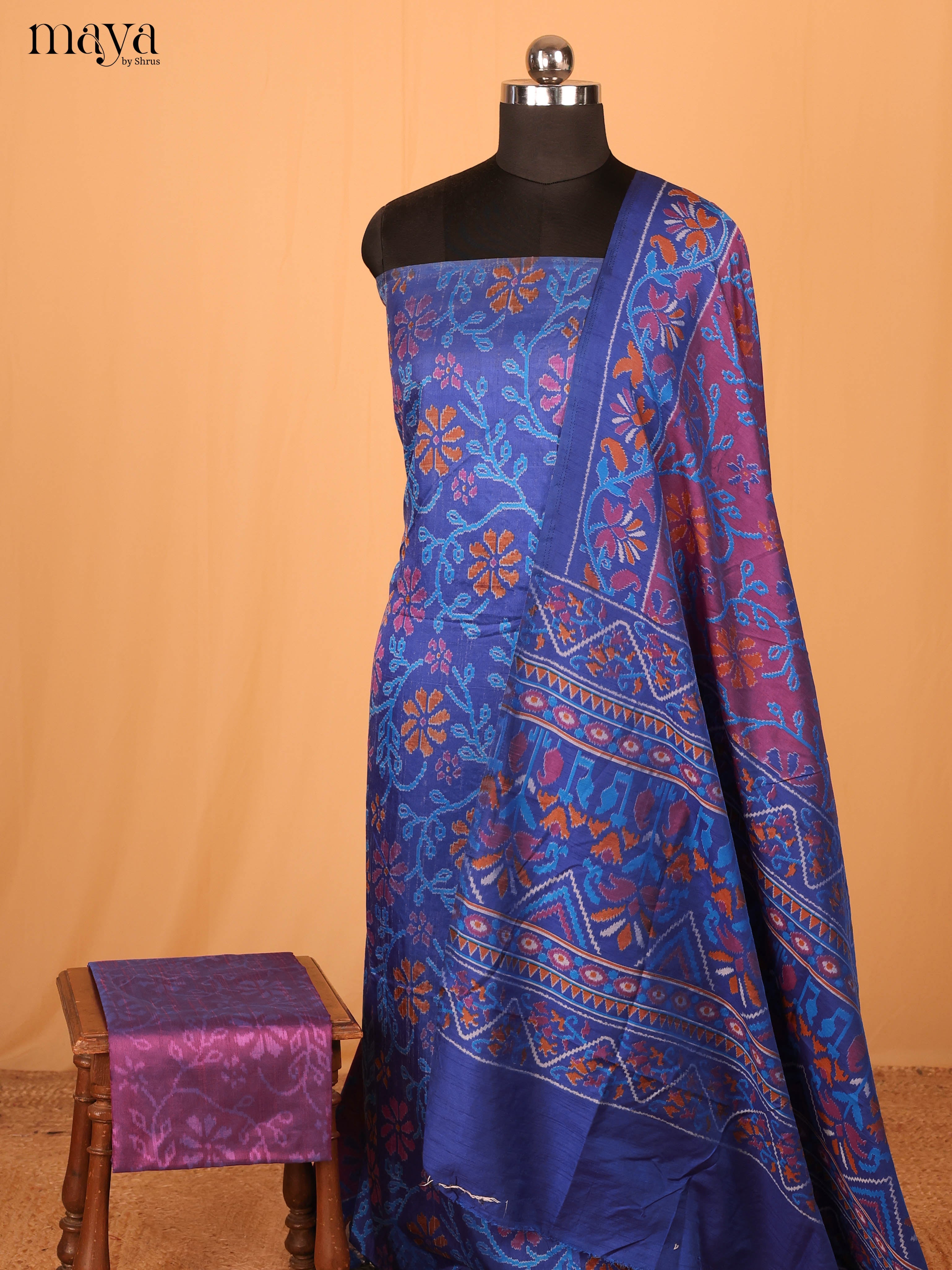 Royal Blue & Violet Semi Patola Unstitched Top, Bottom & Dupatta - MDB04002