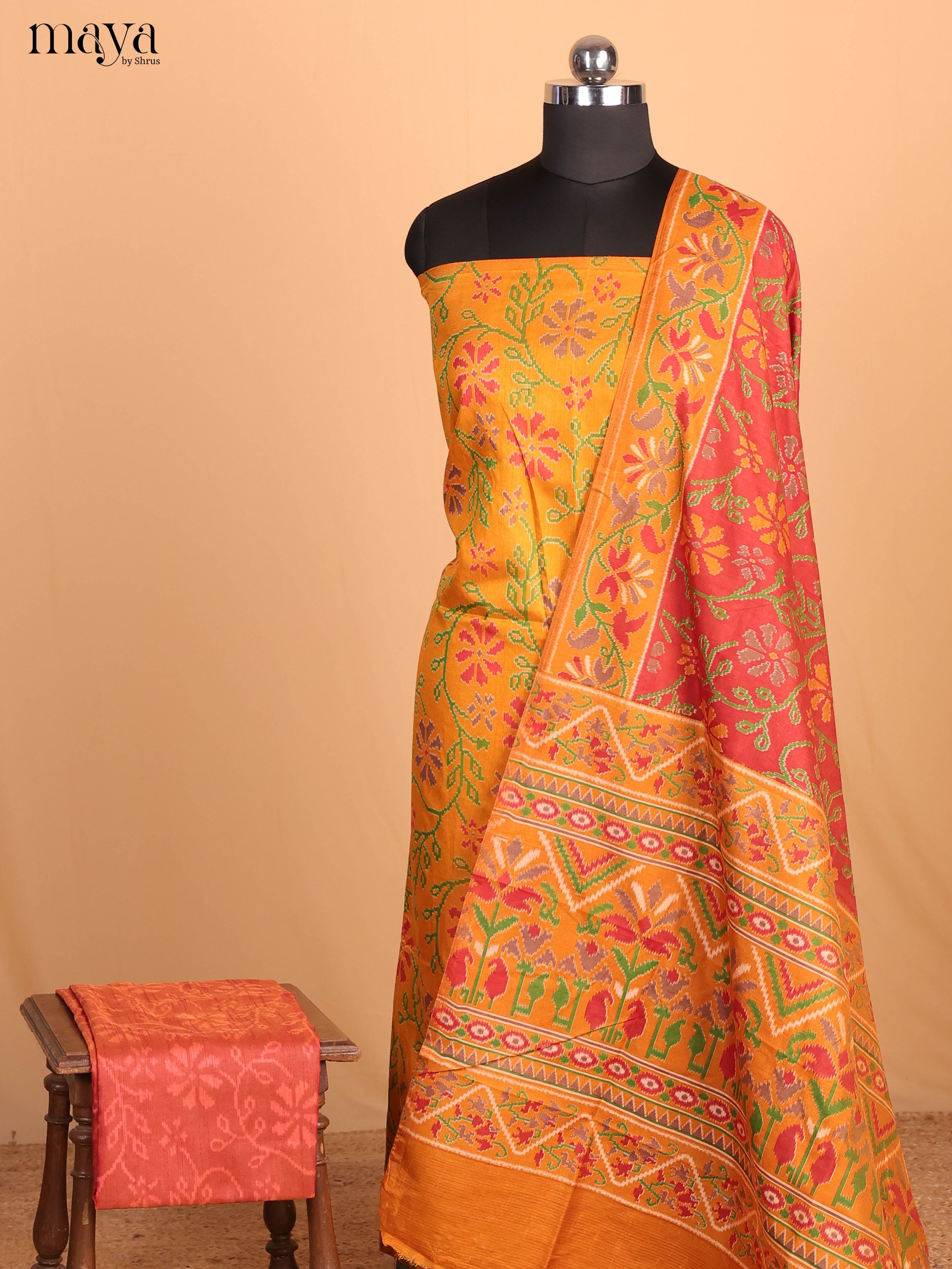 Yellow & Reddish pink Semi Patola Unstitched Top, Bottom & Dupatta - MDB04003