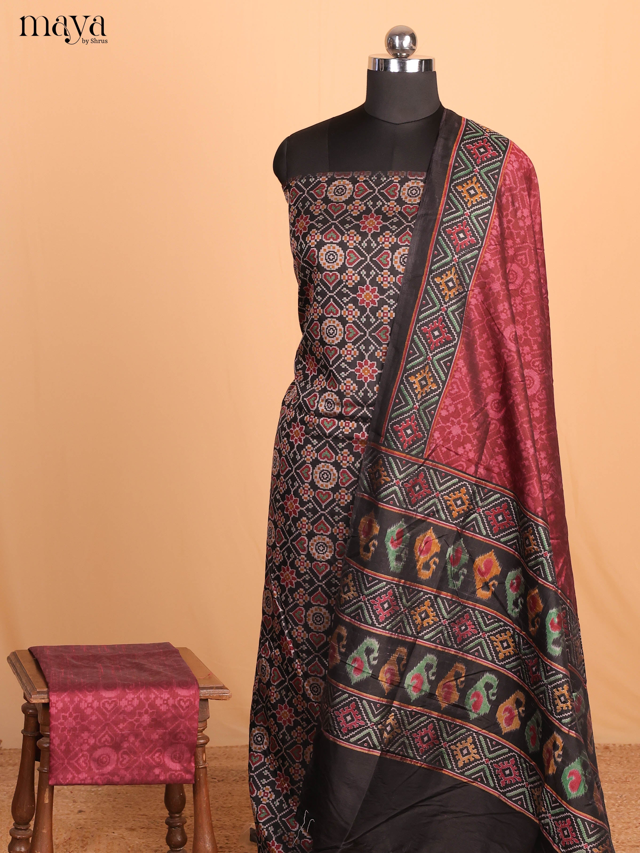 Black & Maroon Semi Patola Unstitched Top, Bottom & Dupatta -MDB04005