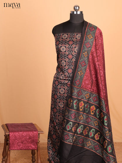 Black & Maroon Semi Patola Unstitched Top, Bottom & Dupatta -MDB04005