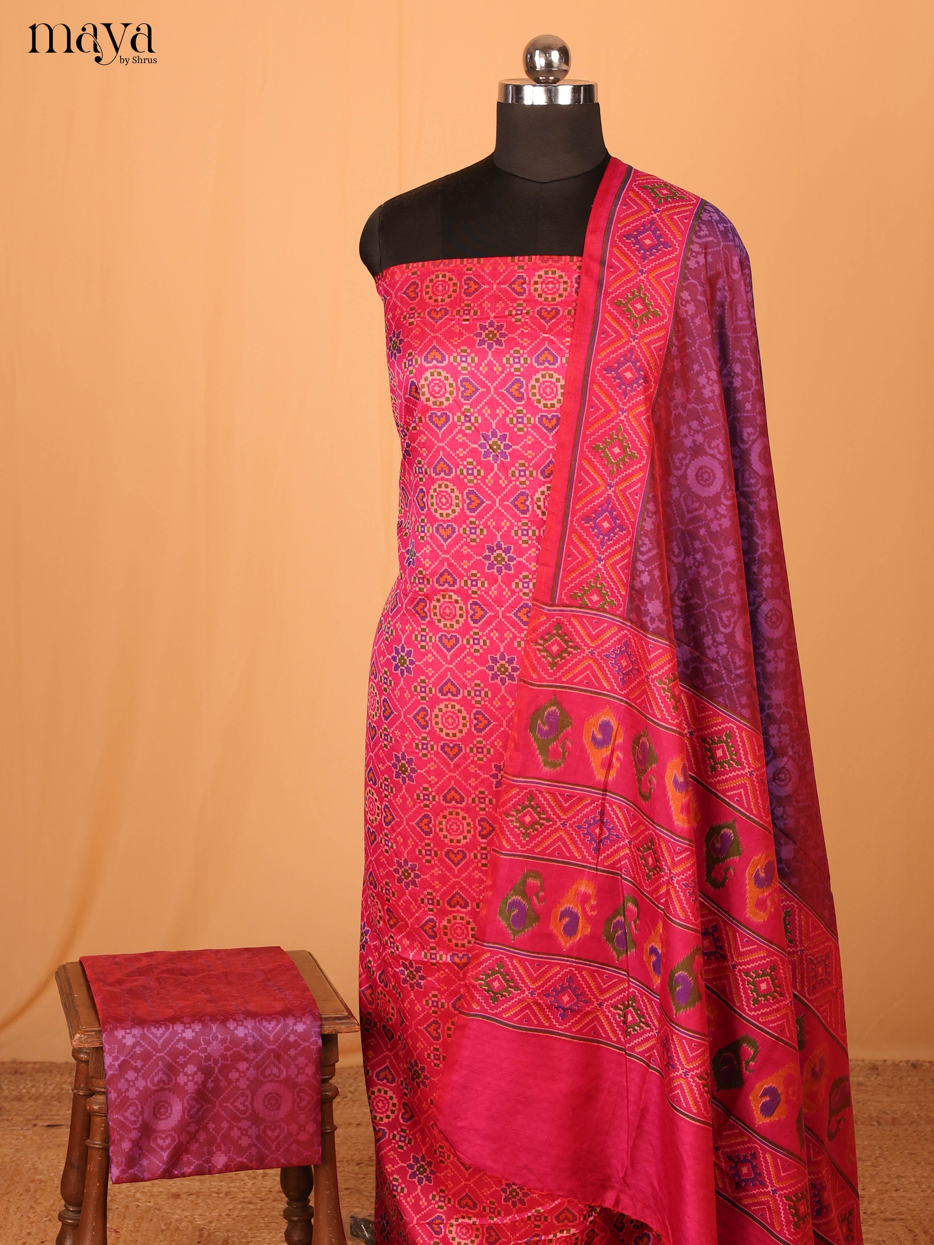 Pink & Violet Semi Patola Unstitched Top, Bottom & Dupatta -MDB04006