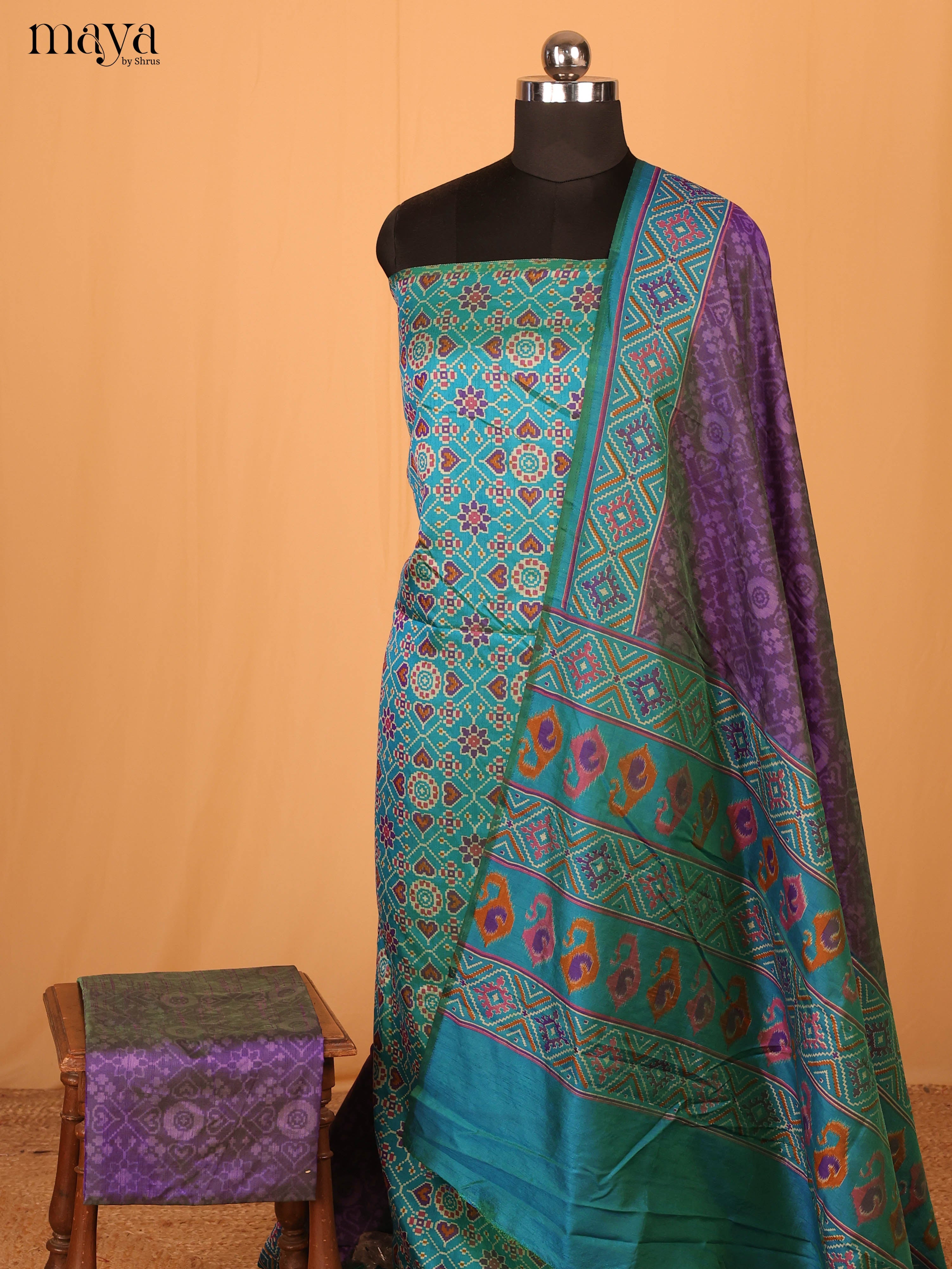 Blue & Violet Semi Patola Unstitched Top, Bottom & Dupatta -MDB04007