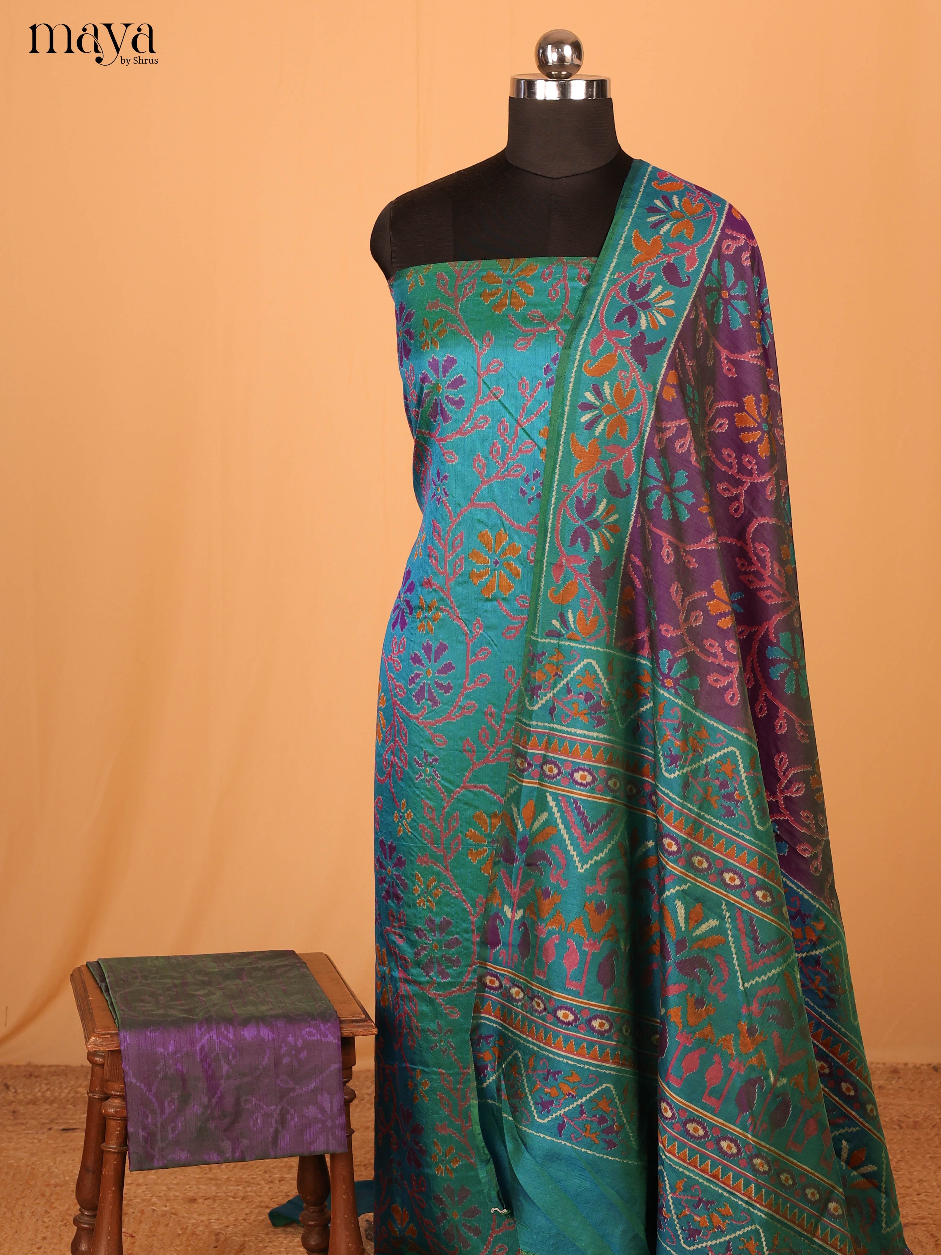 Blue & Violet Semi Patola Unstitched Top, Bottom & Dupatta - MDB04008