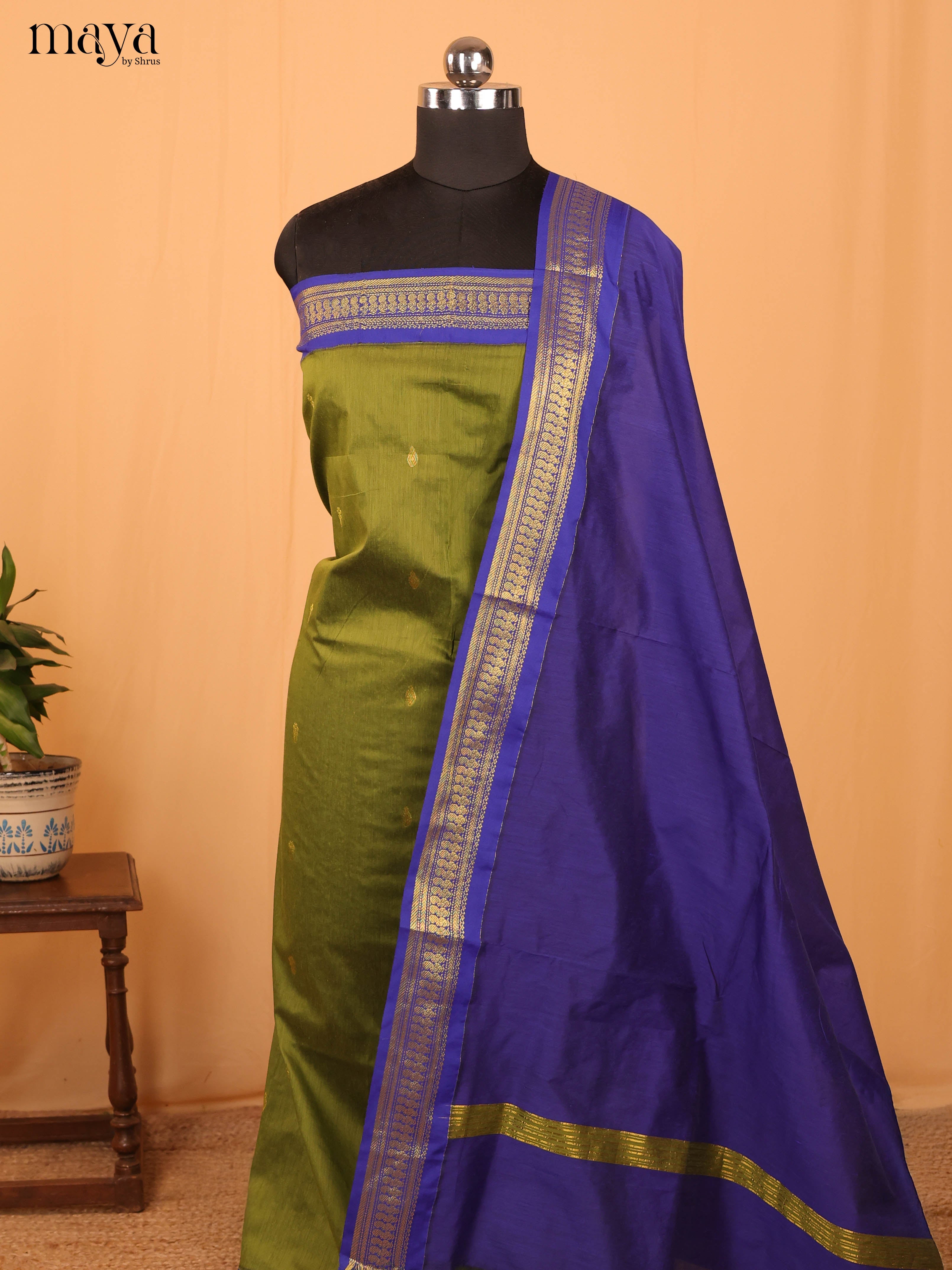 Mehandi Green & Blue Kalyani Cotton Unstitched Top & Dupatta- MDB06001