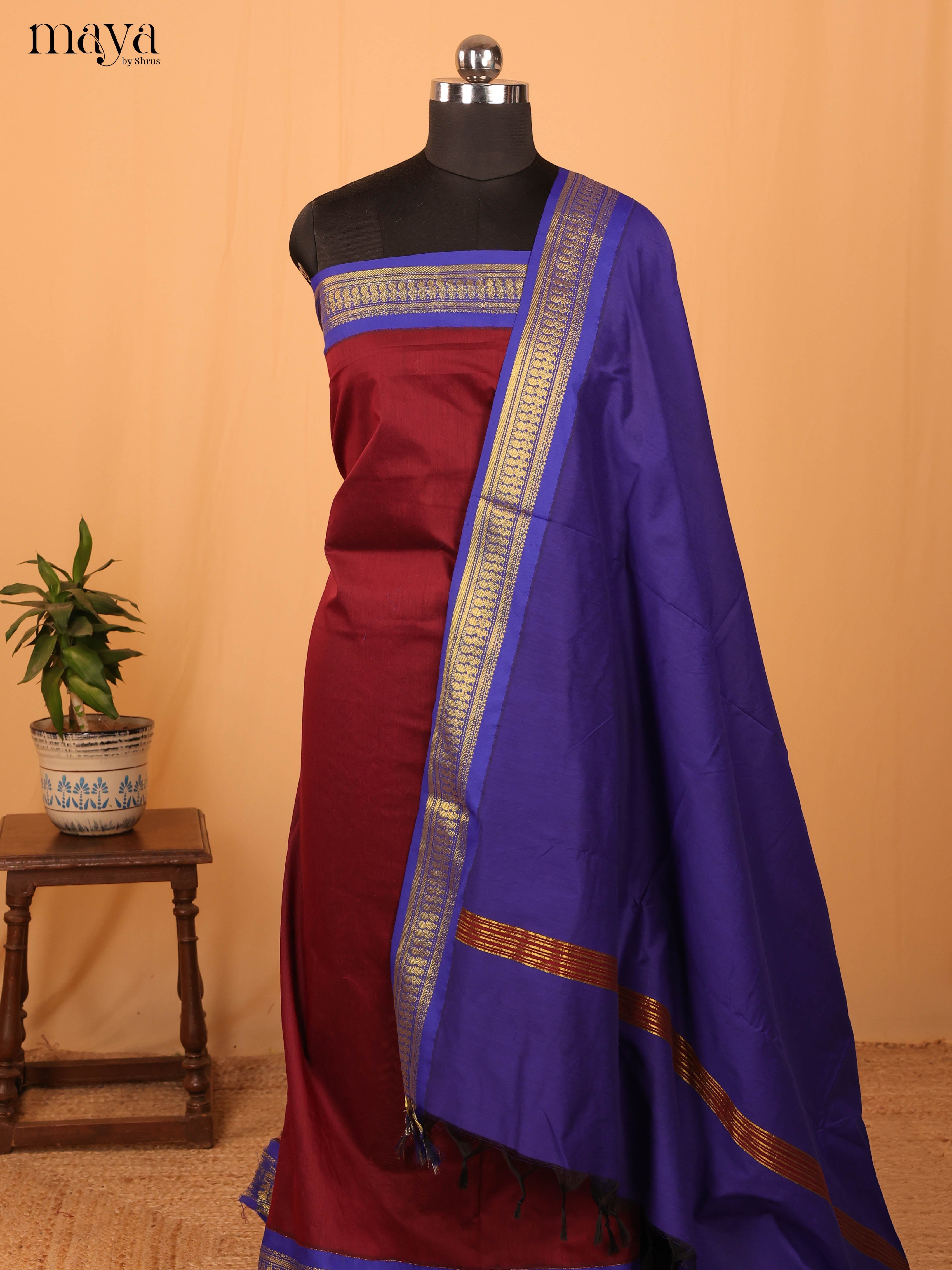 Maroon & Blue Kalyani Cotton Unstitched Top & Dupatta -MDB06002