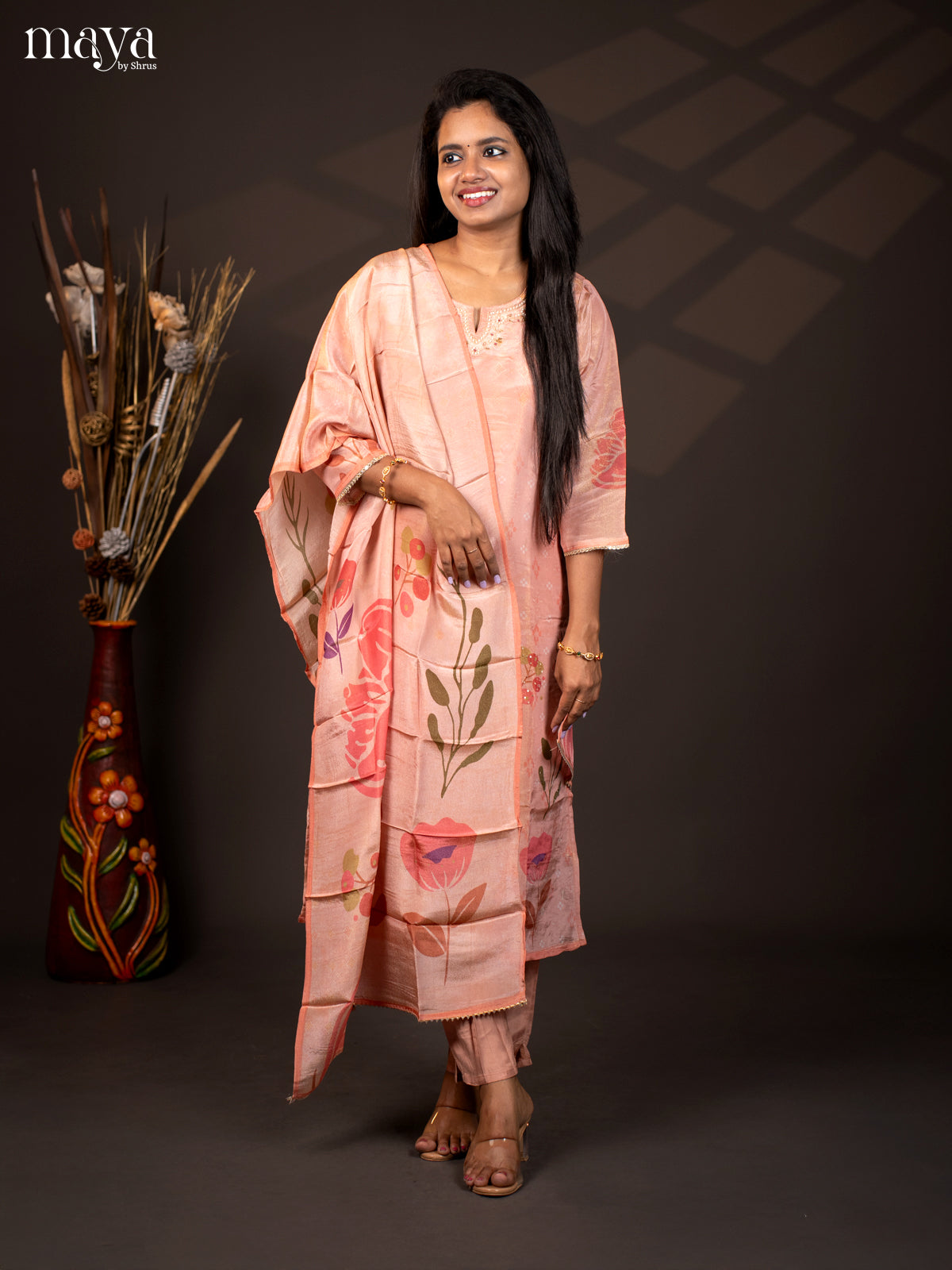 Embroidered Semi Raw Silk 3Pc Peach Salwar Suit - Top, Bottom & Dupatta