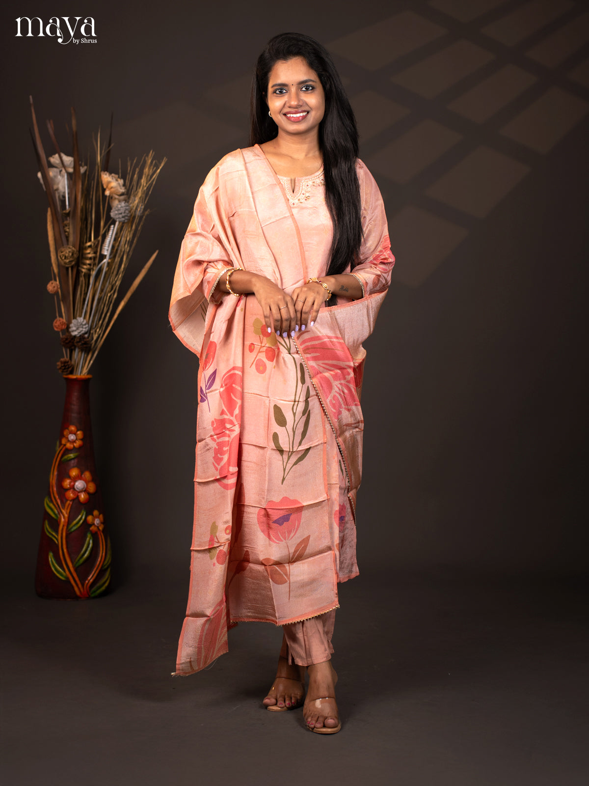 Embroidered Semi Raw Silk 3Pc Peach Salwar Suit - Top, Bottom & Dupatta