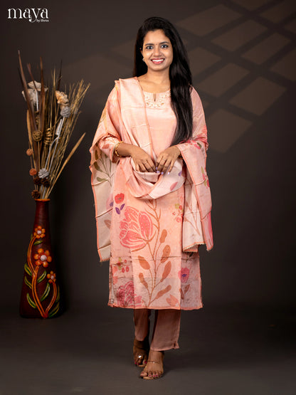 Embroidered Semi Raw Silk 3Pc Peach Salwar Suit - Top, Bottom & Dupatta