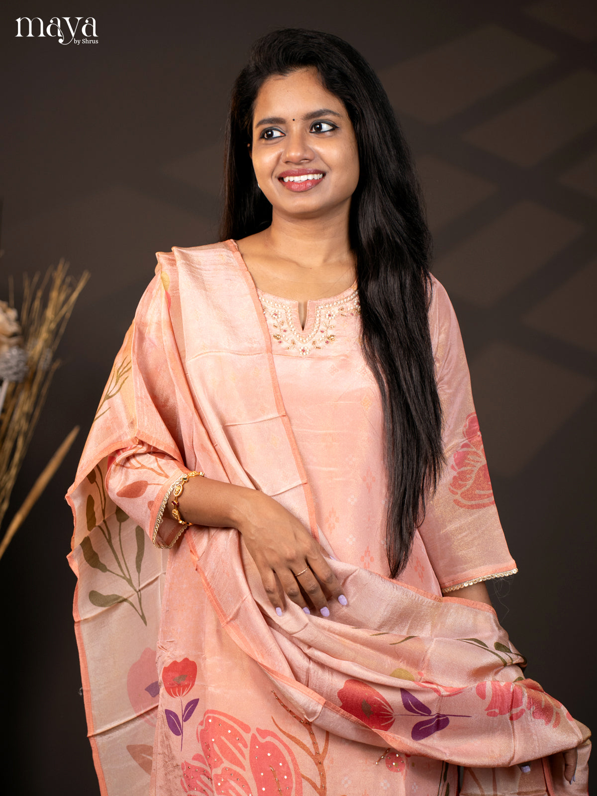 Embroidered Semi Raw Silk 3Pc Peach Salwar Suit - Top, Bottom & Dupatta