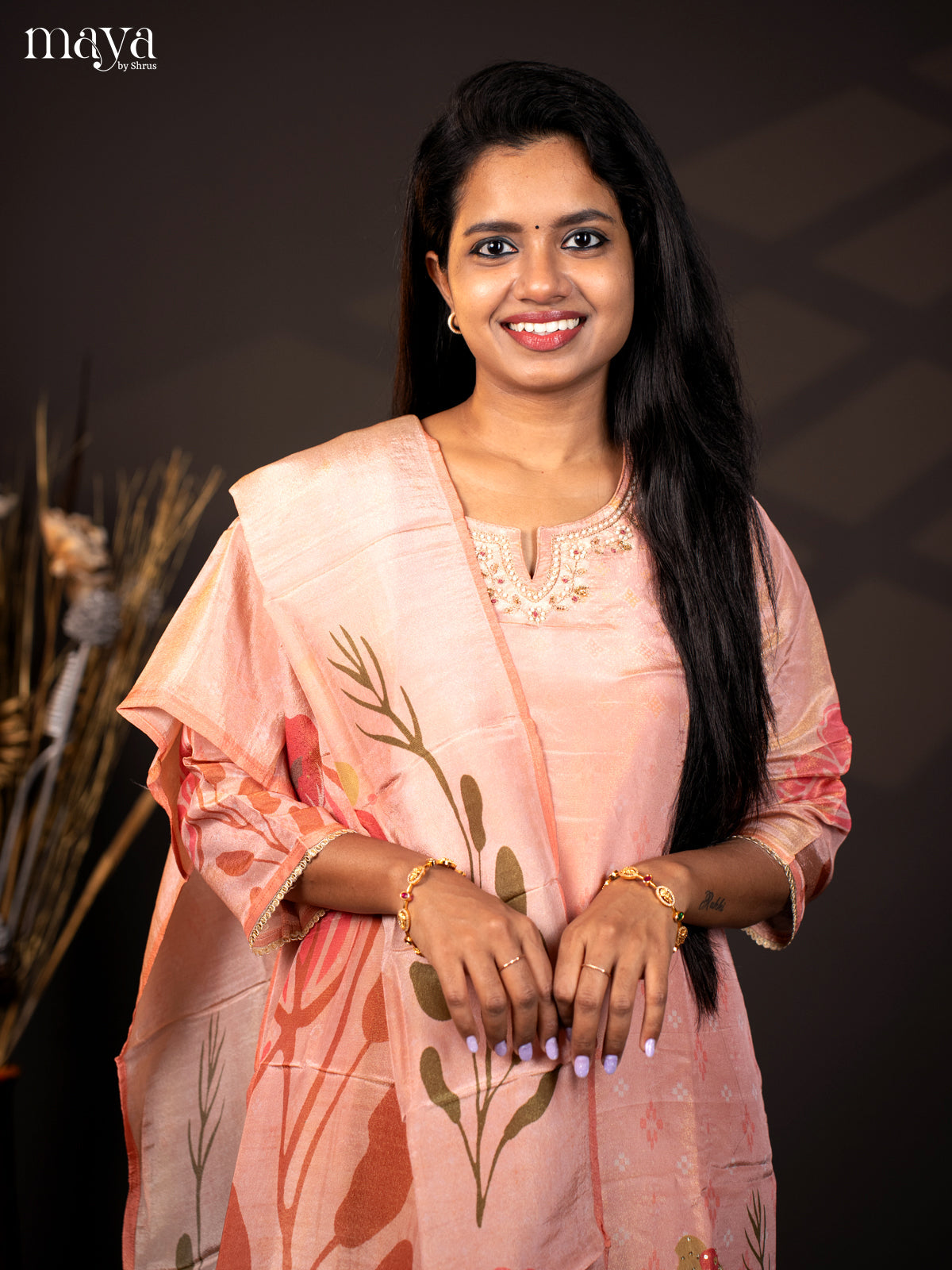 Embroidered Semi Raw Silk 3Pc Peach Salwar Suit - Top, Bottom & Dupatta