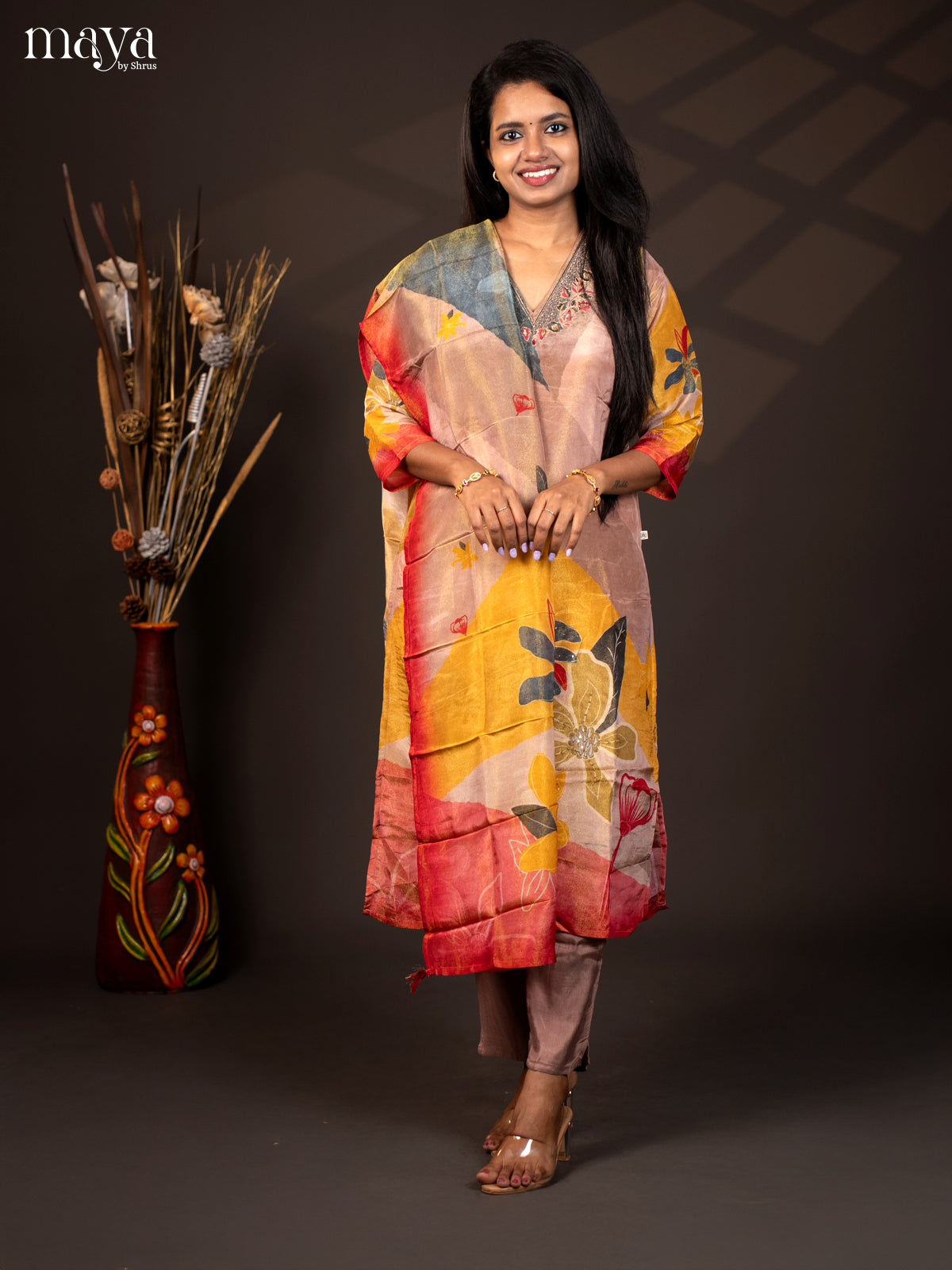 Embroidered Semi Raw Silk 3Pc Multi Colour Salwar Suit - Top, Bottom & Dupatta