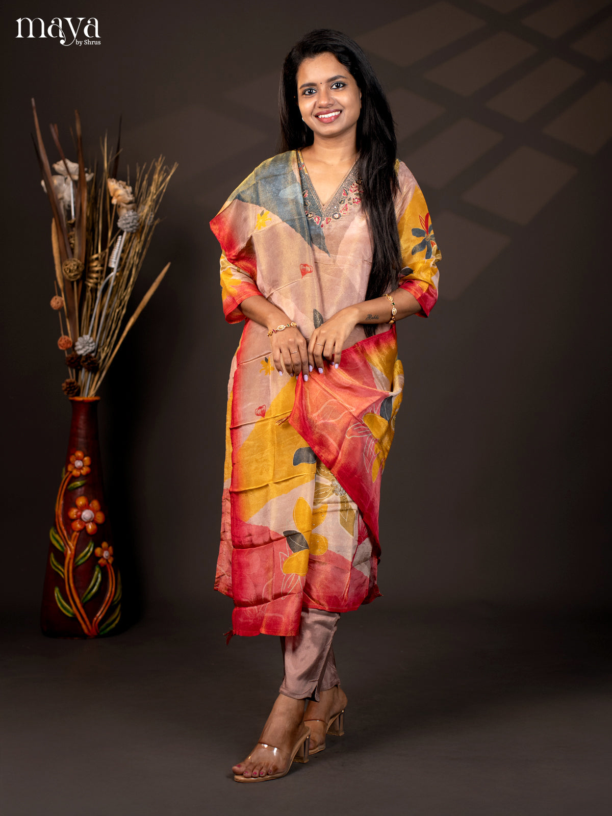 Embroidered Semi Raw Silk 3Pc Multi Colour Salwar Suit - Top, Bottom & Dupatta