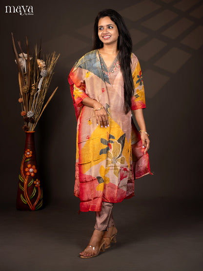 Embroidered Semi Raw Silk 3Pc Multi Colour Salwar Suit - Top, Bottom & Dupatta