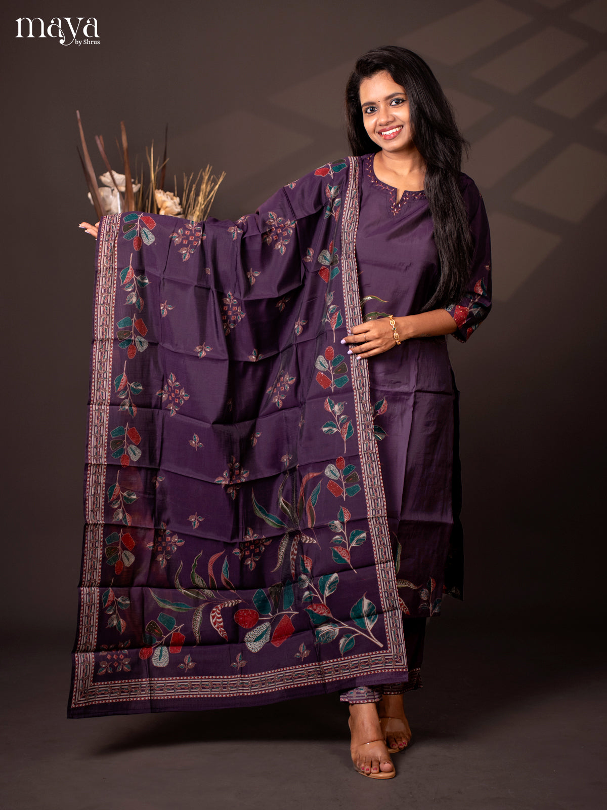 Purple Linen Cotton 3Pc Salwar Suit with Bead Work - Top, Bottom & Dupatta
