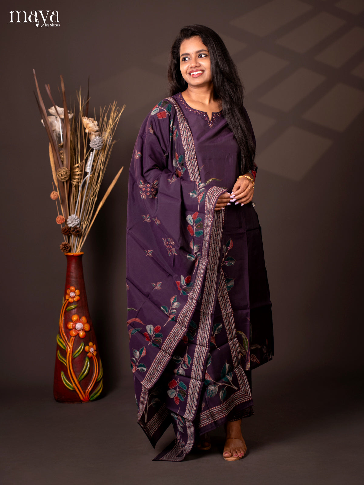 Purple Linen Cotton 3Pc Salwar Suit with Bead Work - Top, Bottom & Dupatta