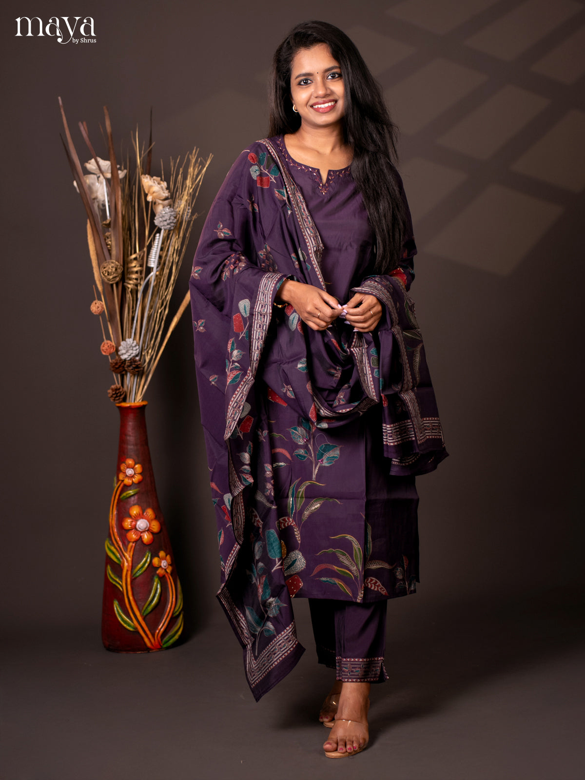 Purple Linen Cotton 3Pc Salwar Suit with Bead Work - Top, Bottom & Dupatta