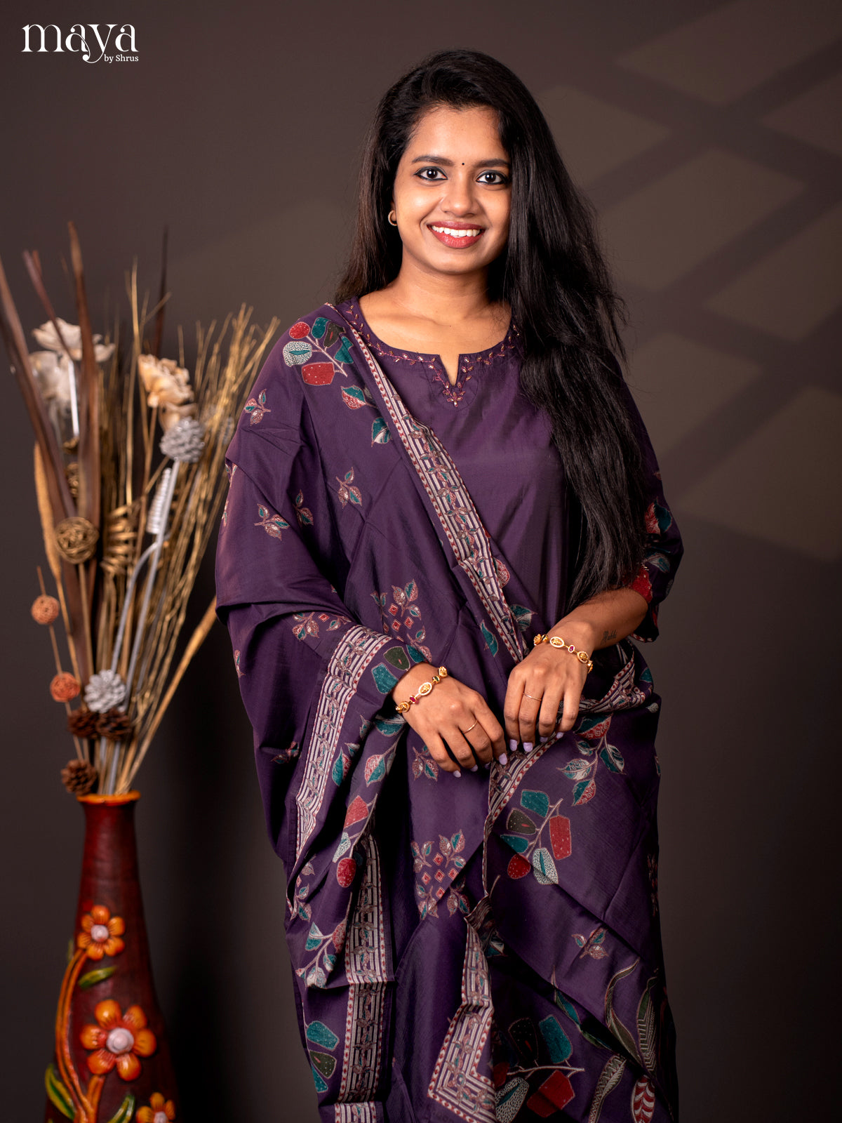 Purple Linen Cotton 3Pc Salwar Suit with Bead Work - Top, Bottom & Dupatta