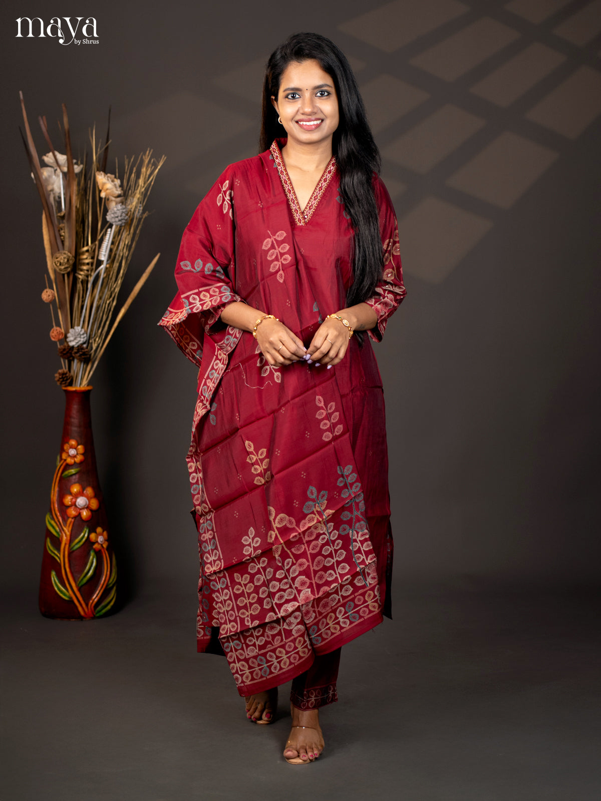 Embroidered Cotton 3Pc Maroon Salwar Suit - Top, Bottom & Dupatta