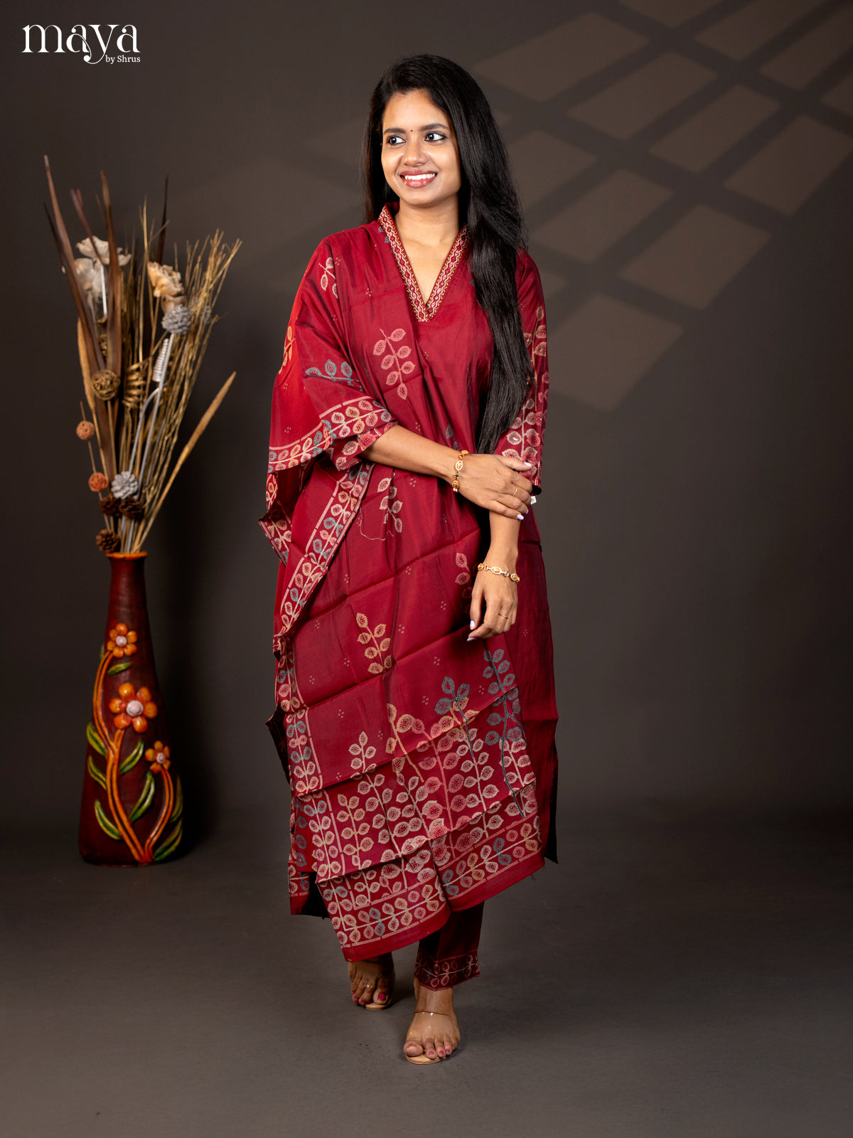 Embroidered Cotton 3Pc Maroon Salwar Suit - Top, Bottom & Dupatta