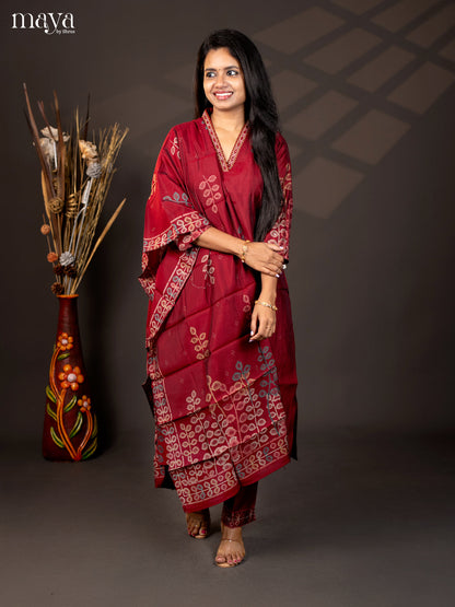 Embroidered Cotton 3Pc Maroon Salwar Suit - Top, Bottom & Dupatta